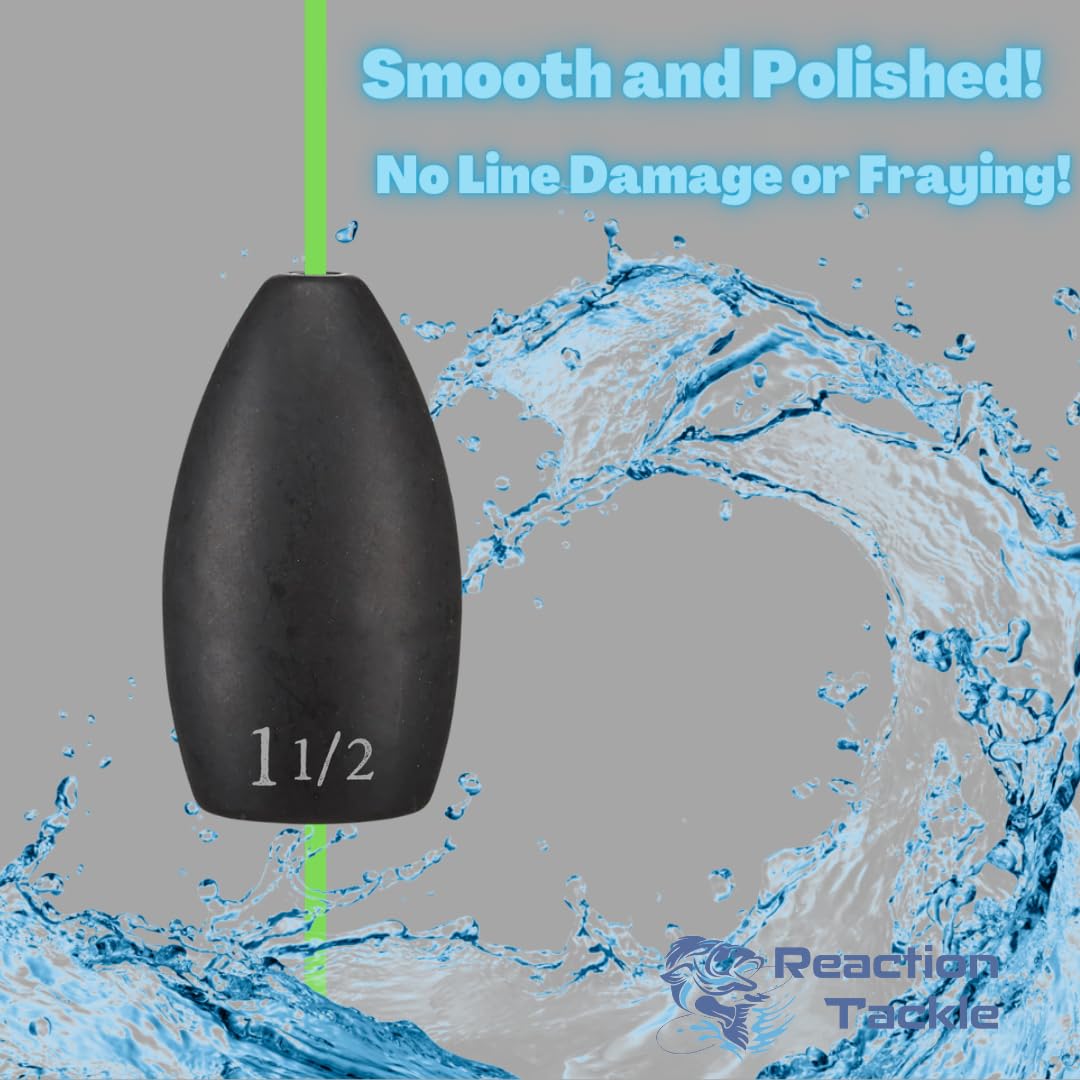 Reaction Tackle Tungsten Flipping Weights for Bass Fishing - Sinkers for Punching Through Heavy Cover- Fresh and Saltwater - Used for Texas and Carolina Rigs - Size Stamped on All Weights