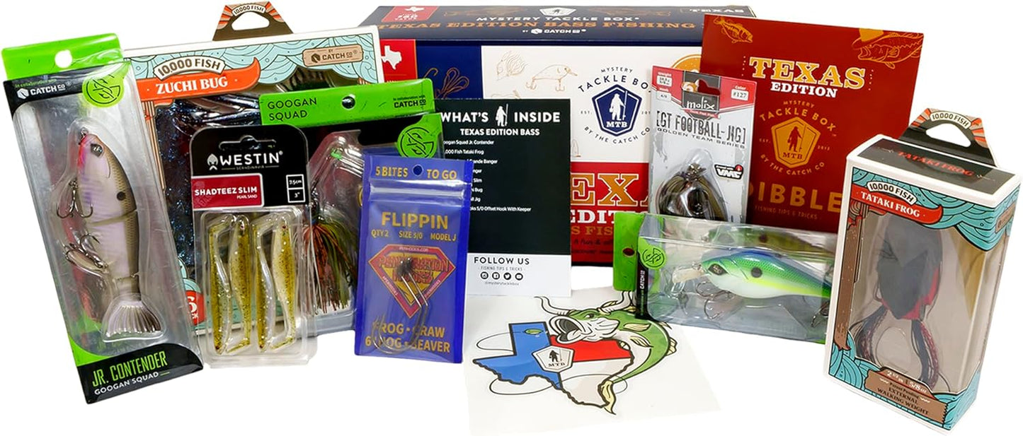 Mystery Tackle Box Texas Bass Elite Fishing Kit – 7-9 Freshwater Baits for Largemouth, Smallmouth & More – Includes Exclusive Texas Decal