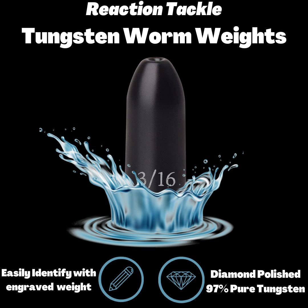 Reaction Tackle Tungsten Worm Weights for Bass Fishing - Bullet Shaped Sinkers/Fishing Weights - for Texas Rig and Carolina Rig/Size Stamped