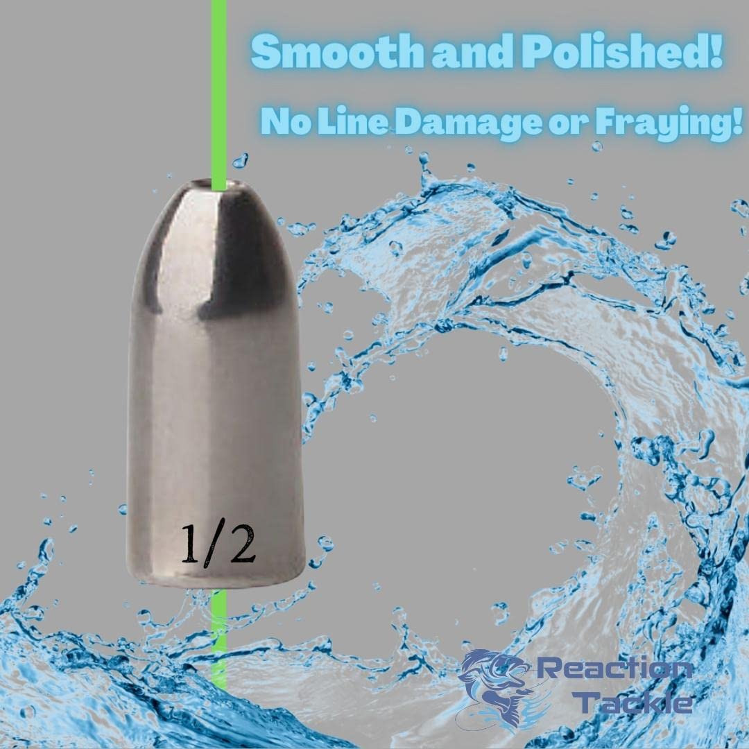 Reaction Tackle Tungsten Worm Weights for Bass Fishing - Bullet Shaped Sinkers/Fishing Weights - for Texas Rig and Carolina Rig/Size Stamped