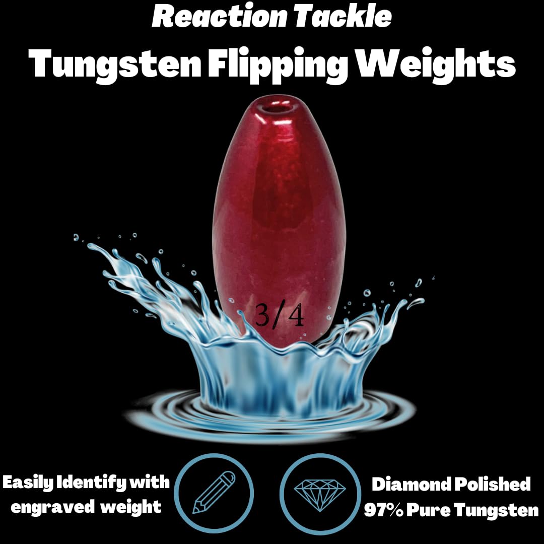 Reaction Tackle Tungsten Flipping Weights for Bass Fishing - Sinkers for Punching Through Heavy Cover- Fresh and Saltwater - Used for Texas and Carolina Rigs - Size Stamped on All Weights