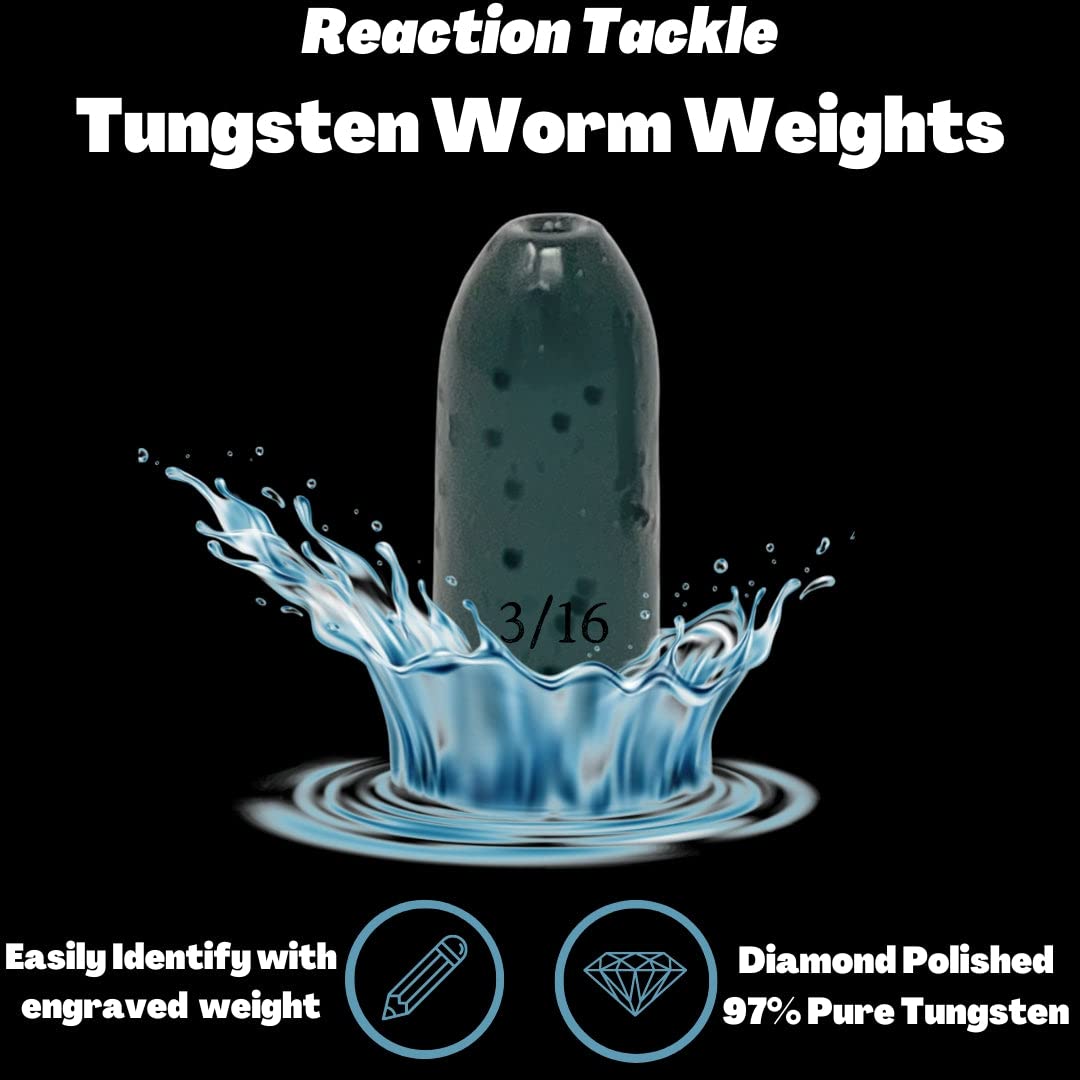 Reaction Tackle Tungsten Worm Weights for Bass Fishing - Bullet Shaped Sinkers/Fishing Weights - for Texas Rig and Carolina Rig/Size Stamped