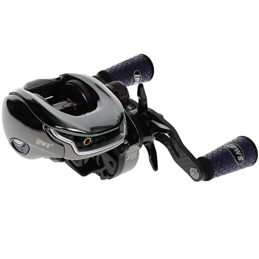 Lew's Team Lew's Pro-Ti Baitcast Fishing Reel, 7.5:1 Gear Ratio, Aluminum Frame, Premium 11 Stainless Steel Ball Bearings, Titanium Gray /Purple
