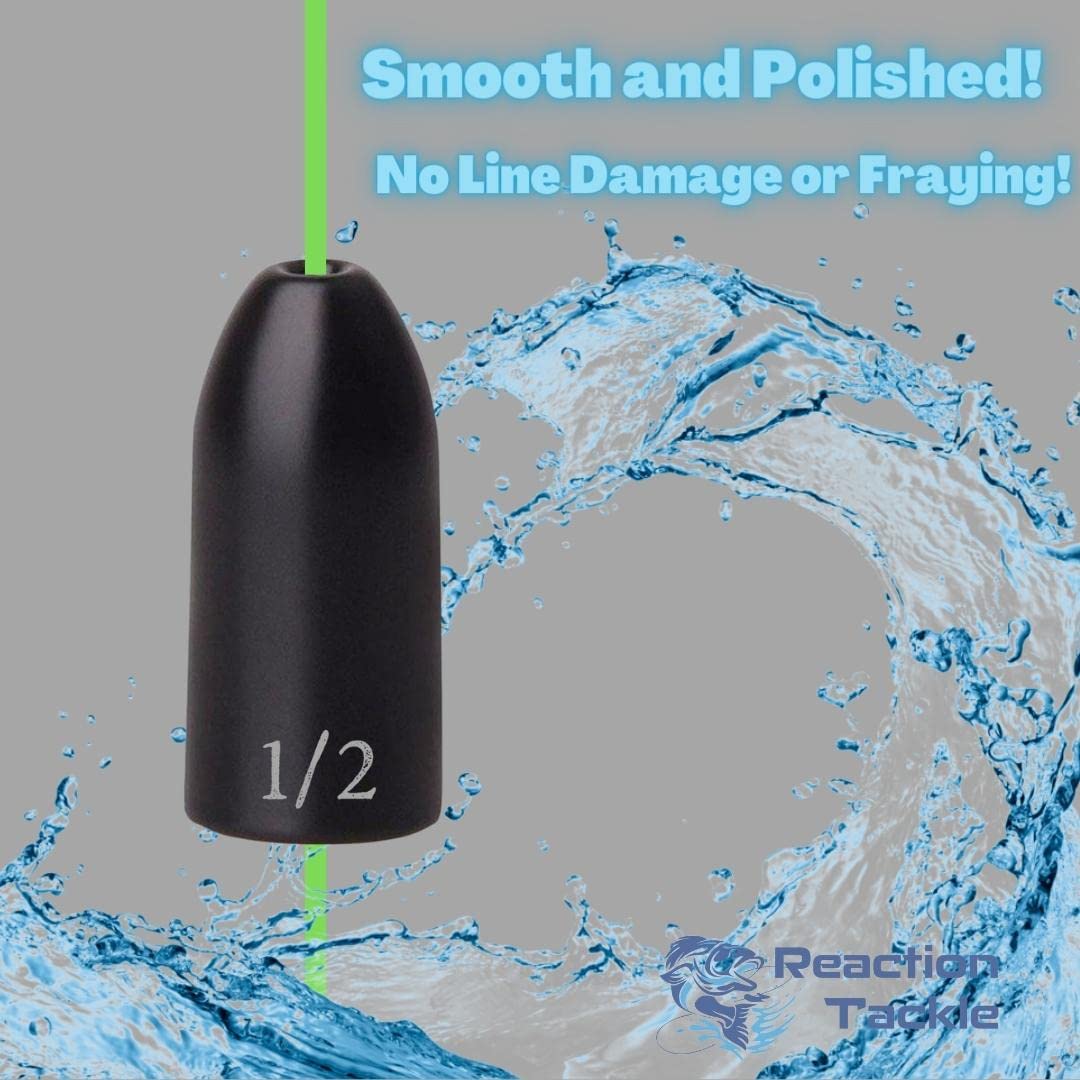 Reaction Tackle Tungsten Worm Weights for Bass Fishing - Bullet Shaped Sinkers/Fishing Weights - for Texas Rig and Carolina Rig/Size Stamped