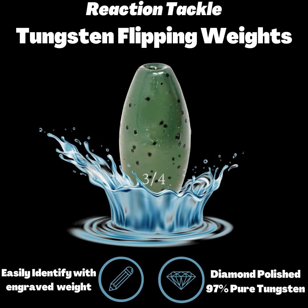 Reaction Tackle Tungsten Flipping Weights for Bass Fishing - Sinkers for Punching Through Heavy Cover- Fresh and Saltwater - Used for Texas and Carolina Rigs - Size Stamped on All Weights