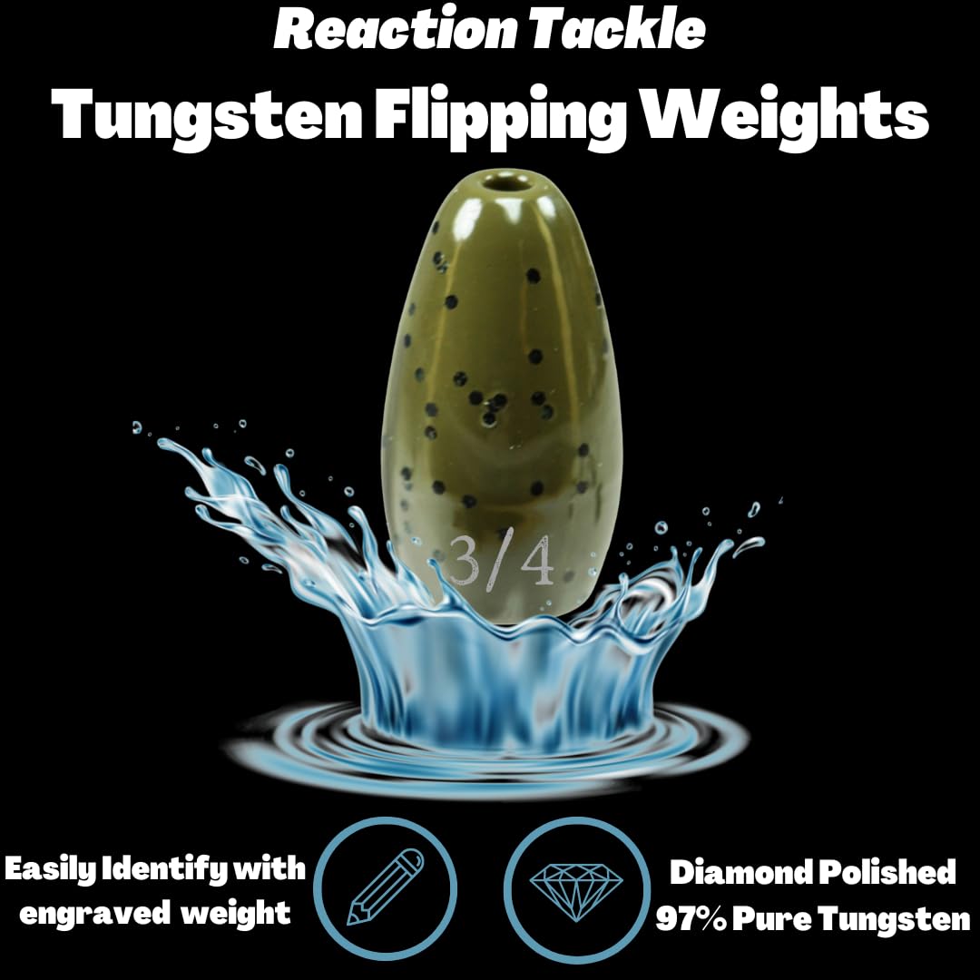 Reaction Tackle Tungsten Flipping Weights for Bass Fishing - Sinkers for Punching Through Heavy Cover- Fresh and Saltwater - Used for Texas and Carolina Rigs - Size Stamped on All Weights