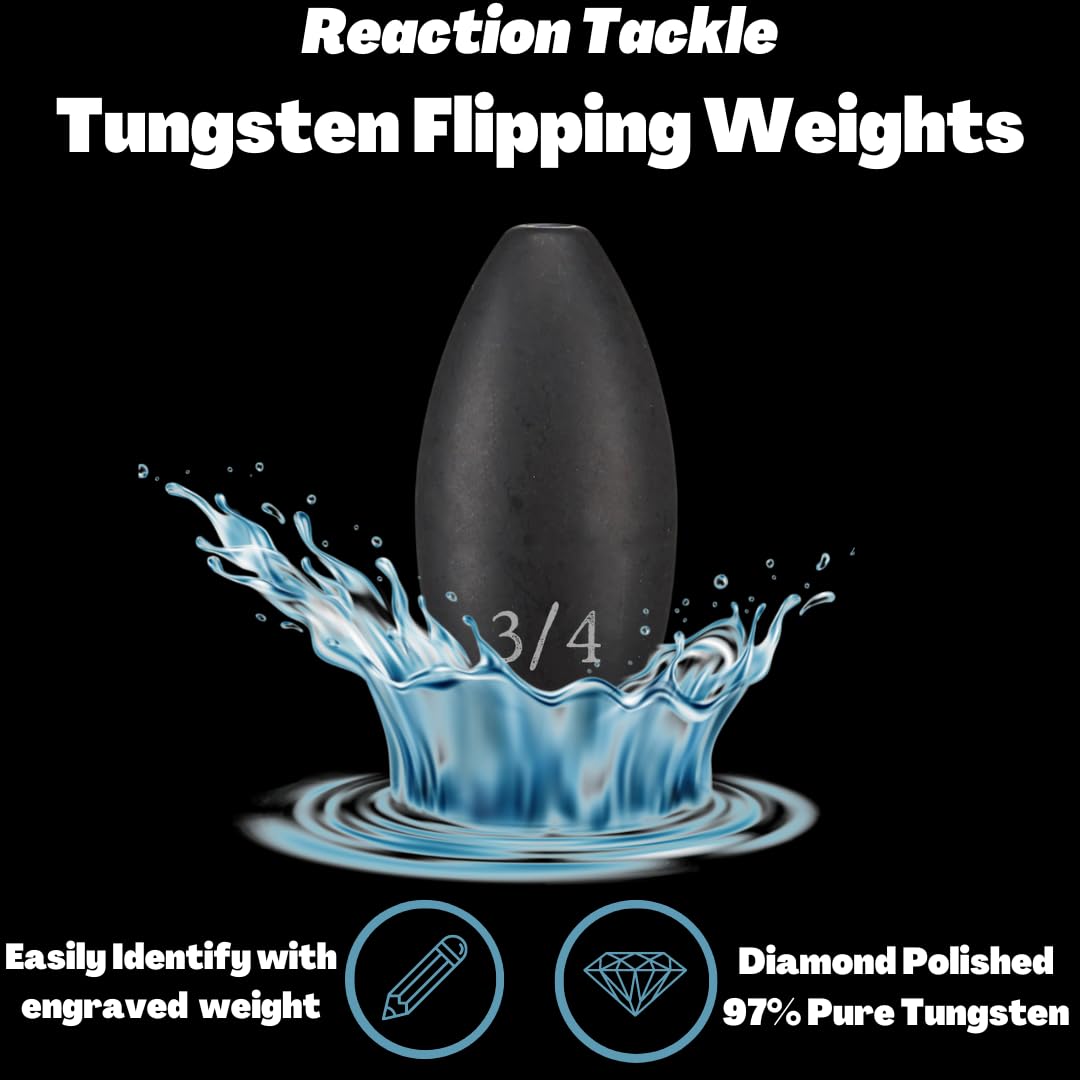 Reaction Tackle Tungsten Flipping Weights for Bass Fishing - Sinkers for Punching Through Heavy Cover- Fresh and Saltwater - Used for Texas and Carolina Rigs - Size Stamped on All Weights