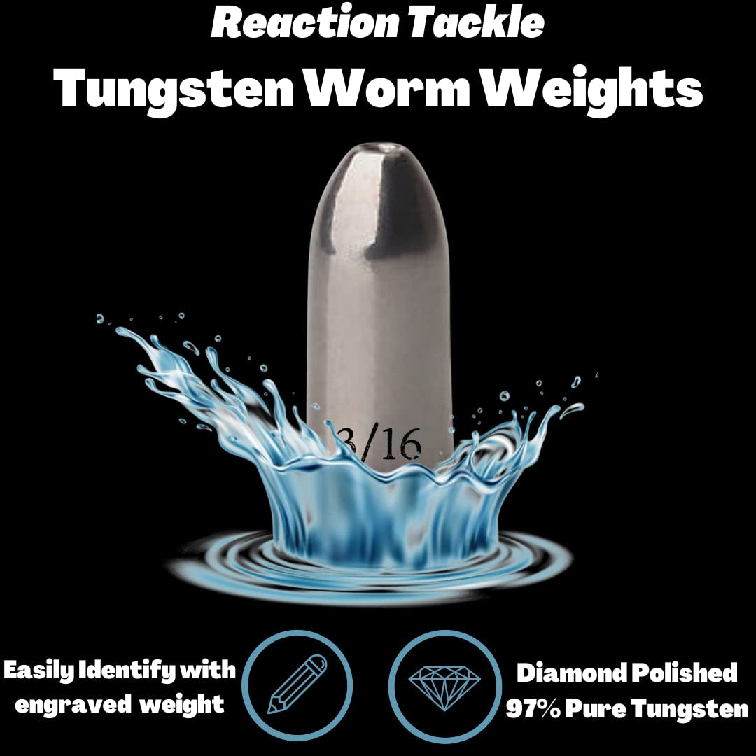 Reaction Tackle Tungsten Worm Weights for Bass Fishing - Bullet Shaped Sinkers/Fishing Weights - for Texas Rig and Carolina Rig/Size Stamped
