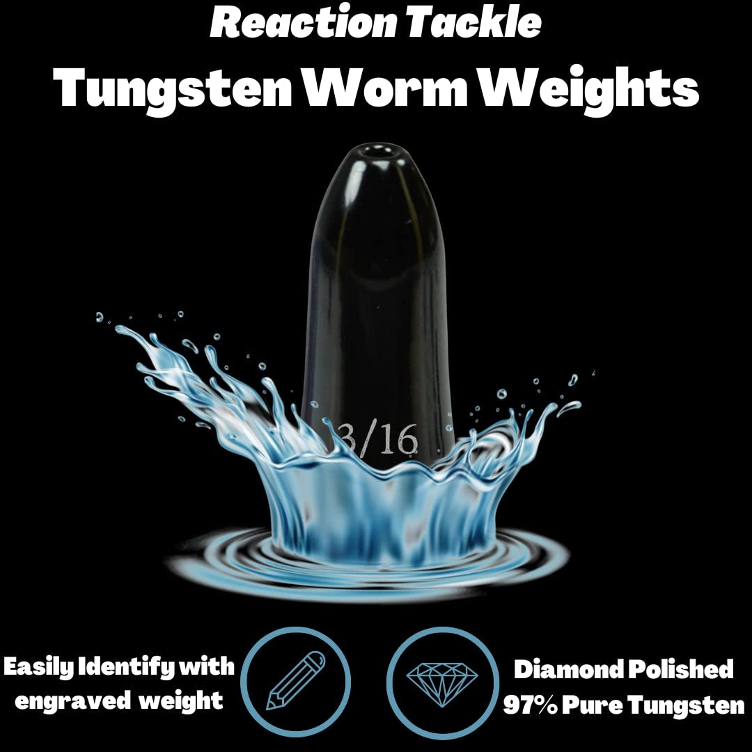 Reaction Tackle Tungsten Worm Weights for Bass Fishing - Bullet Shaped Sinkers/Fishing Weights - for Texas Rig and Carolina Rig/Size Stamped