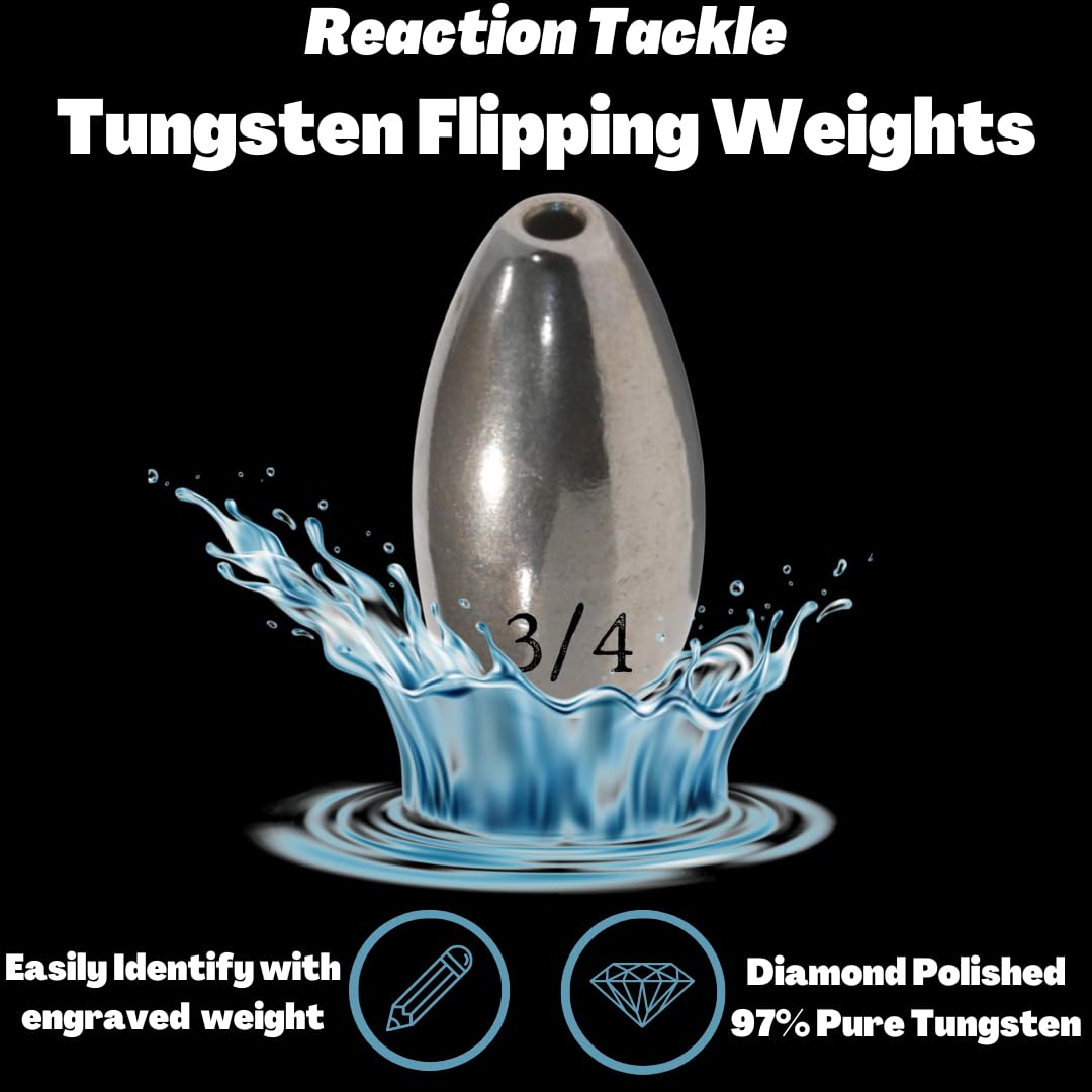 Reaction Tackle Tungsten Flipping Weights for Bass Fishing - Sinkers for Punching Through Heavy Cover- Fresh and Saltwater - Used for Texas and Carolina Rigs - Size Stamped on All Weights
