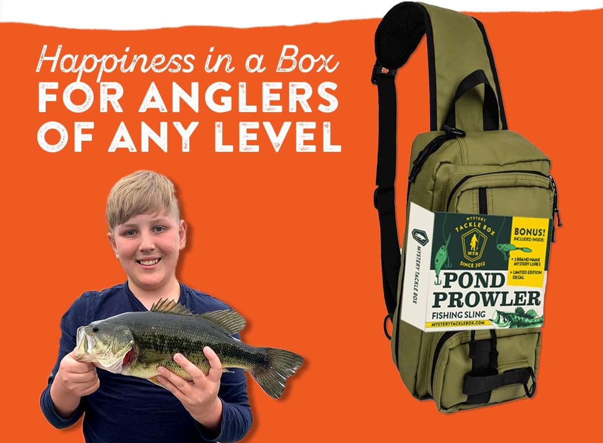 Catch Co Mystery Tackle Box Pond Prowler Sling Fishing Lure Kit – Green Sling Pack with Bonus Multi-Species Bait, Fishing Gear Storage, and Decal