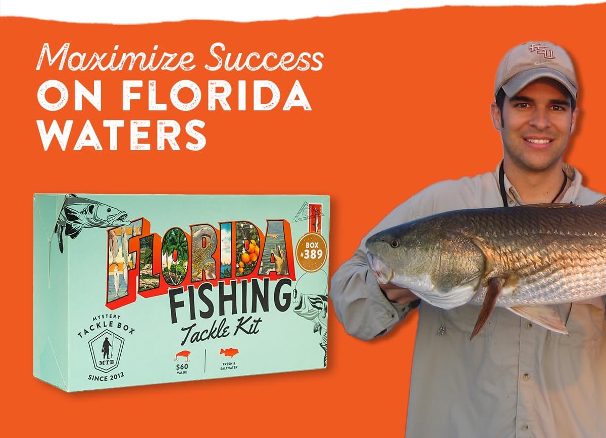 Mystery Tackle Box Florida Elite Fishing Kit – 7-9 Freshwater & Inshore Saltwater Baits for Bass, Snook, Redfish & More – Includes Exclusive Florida Decal