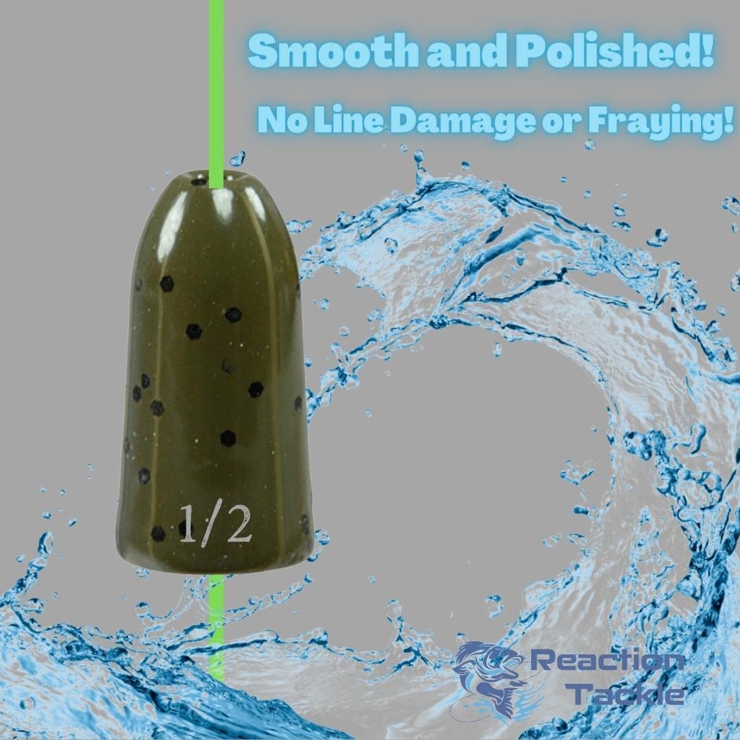 Reaction Tackle Tungsten Worm Weights for Bass Fishing - Bullet Shaped Sinkers/Fishing Weights - for Texas Rig and Carolina Rig/Size Stamped