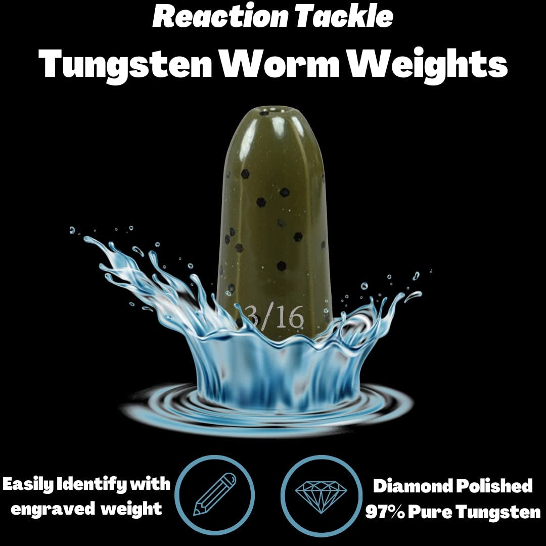 Reaction Tackle Tungsten Worm Weights for Bass Fishing - Bullet Shaped Sinkers/Fishing Weights - for Texas Rig and Carolina Rig/Size Stamped