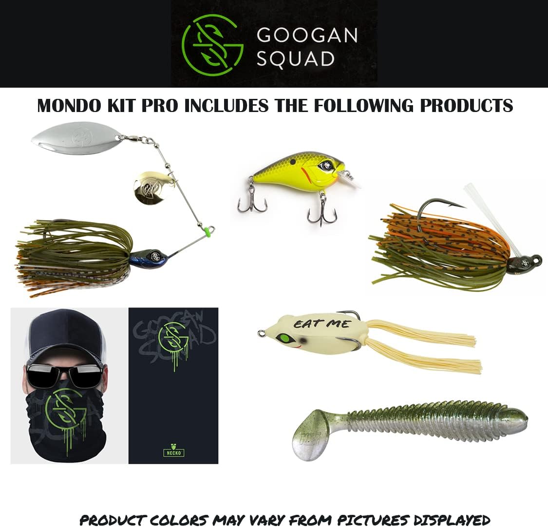 Catch Co Googan Squad Bass Fishing Mondo Kit PRO | Googan Squad Mini Banger, Zinger, Grass Hero, Filthy Frog, Saucy Swimmer, and Necko Sun Mask