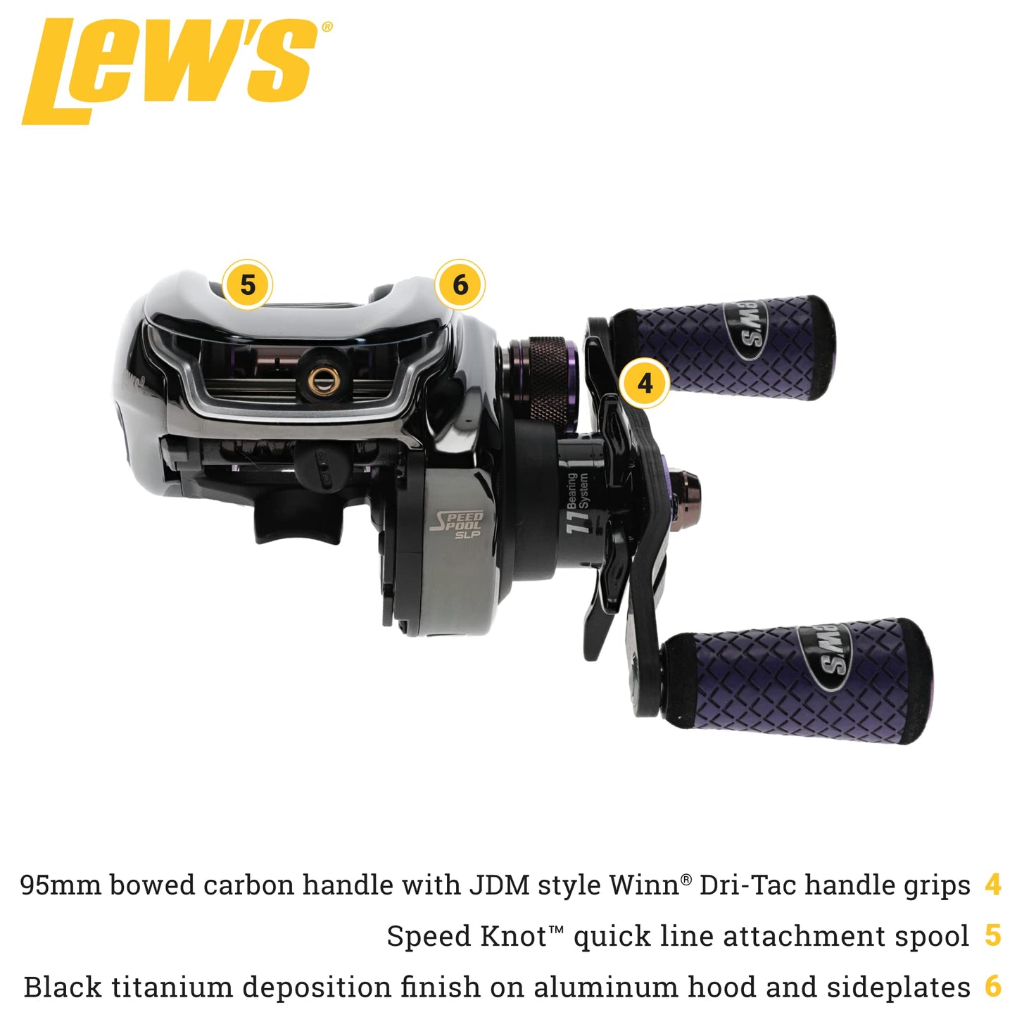 Lew's Team Lew's Pro-Ti Baitcast Fishing Reel, 7.5:1 Gear Ratio, Aluminum Frame, Premium 11 Stainless Steel Ball Bearings, Titanium Gray /Purple