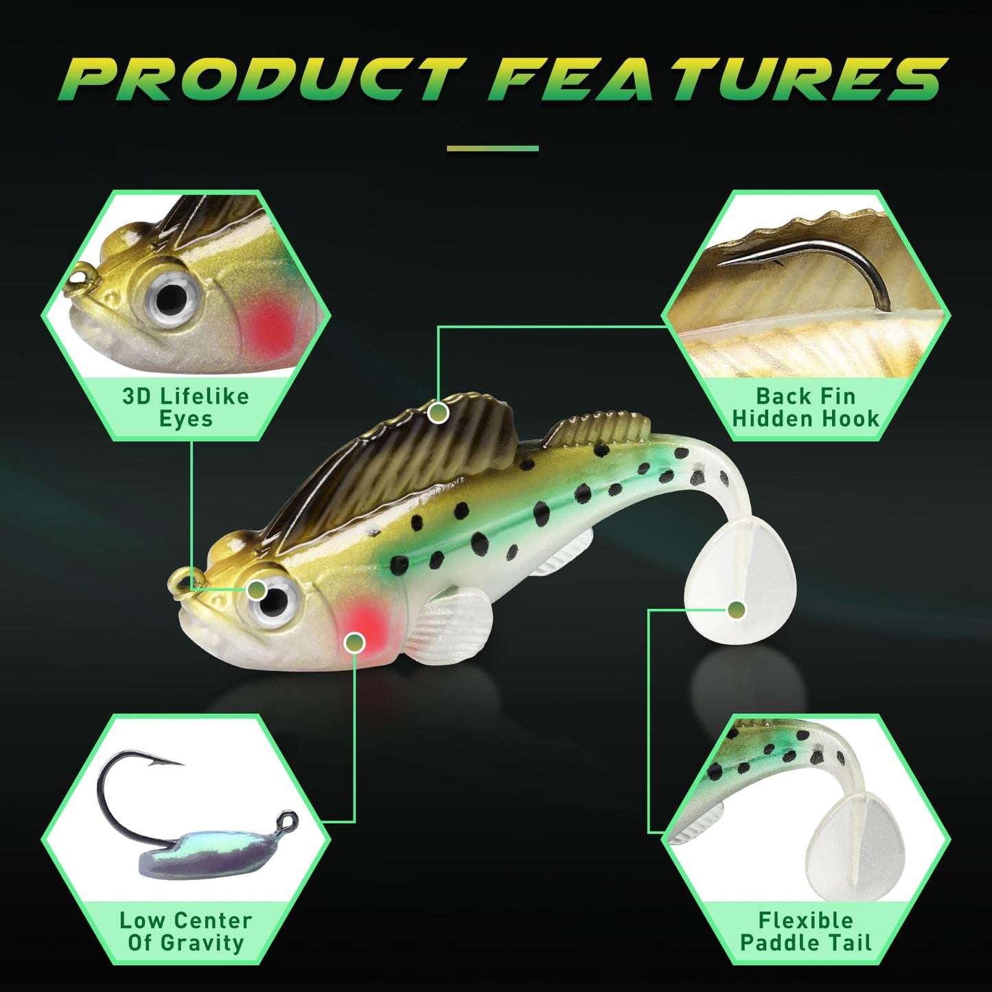 Gotour Weedless Soft Fishing Lures for Freshwater and Saltwater, Premium Pre-Rigged Jig Head Paddle Tail Swimbaits for Bass Fishing，Jigs Fishing Bait for Crappie Trout Walleye, Amazing Fishing Gifts