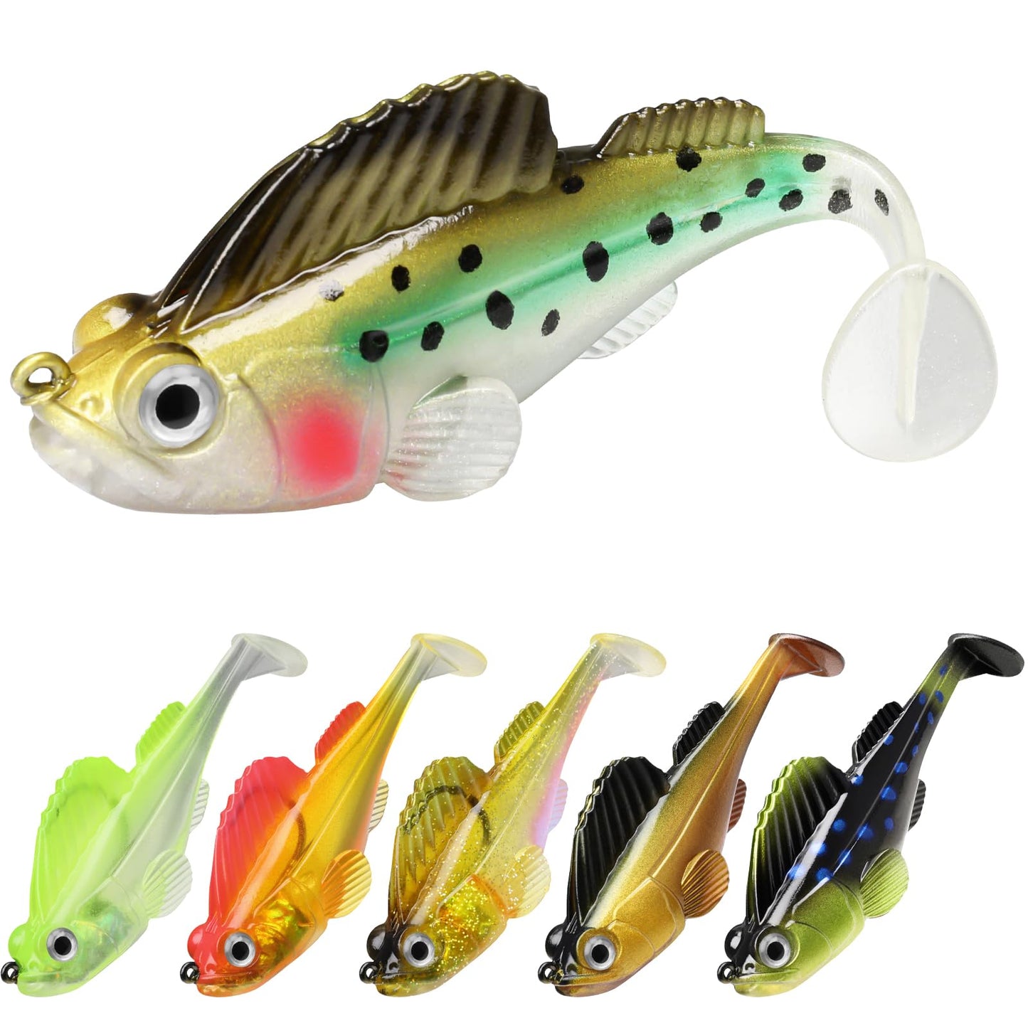 Gotour Weedless Soft Fishing Lures for Freshwater and Saltwater, Premium Pre-Rigged Jig Head Paddle Tail Swimbaits for Bass Fishing，Jigs Fishing Bait for Crappie Trout Walleye, Amazing Fishing Gifts