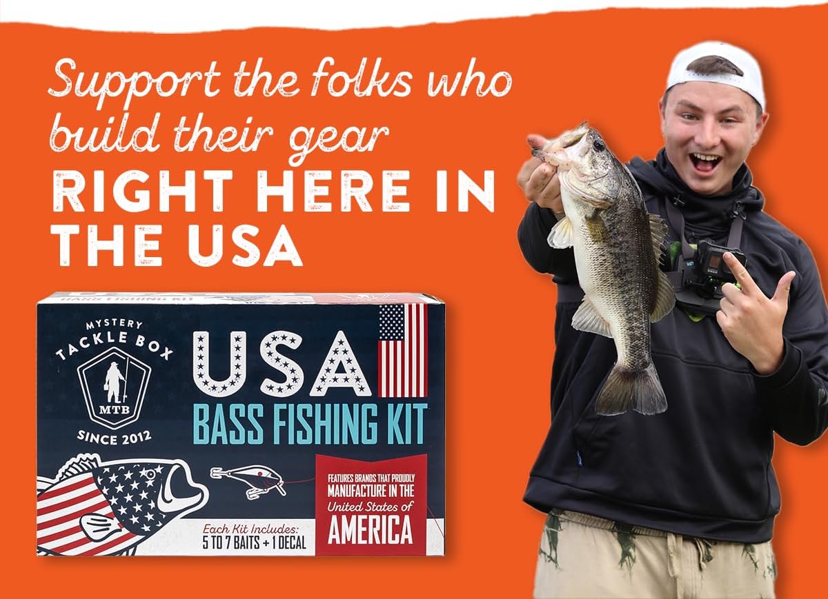 Mystery Tackle Box USA Bass Fishing Kit – 5-7 Baits for Largemouth & Smallmouth Bass – Includes Exclusive USA Decal