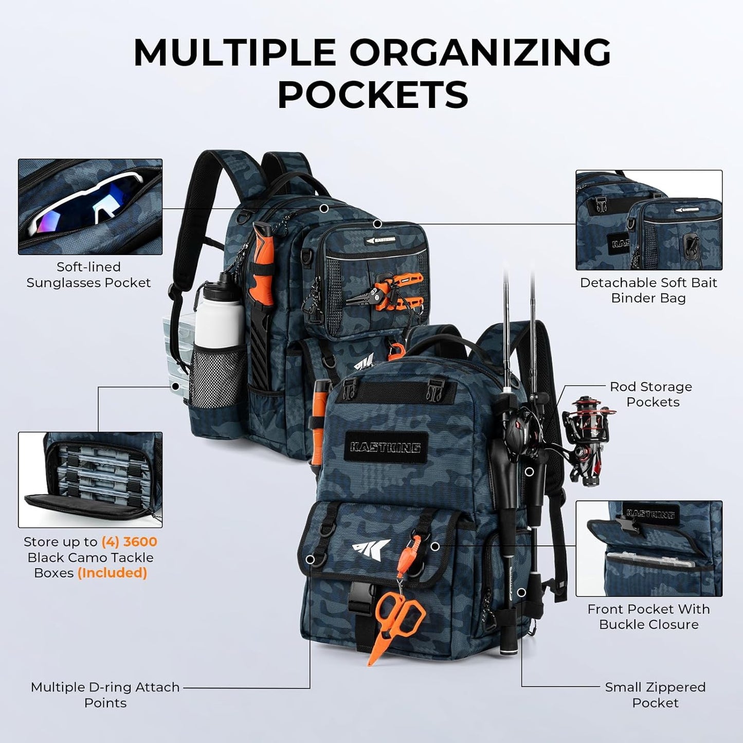 KastKing BaitSpace 50L Fishing Tackle Backpack with Removable Bait Binder,2 Rod Holders Storage Fishing Gear and Equipment