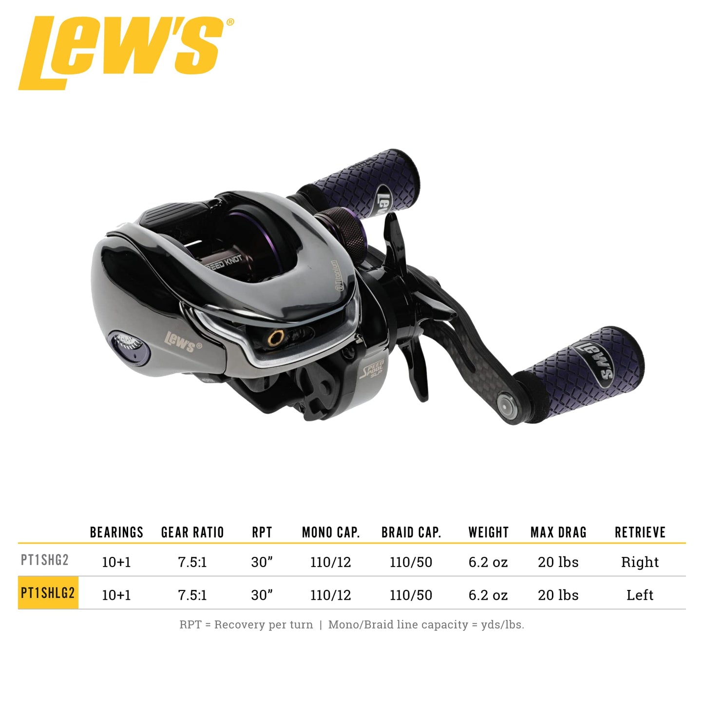 Lew's Team Lew's Pro-Ti Baitcast Fishing Reel, 7.5:1 Gear Ratio, Aluminum Frame, Premium 11 Stainless Steel Ball Bearings, Titanium Gray /Purple