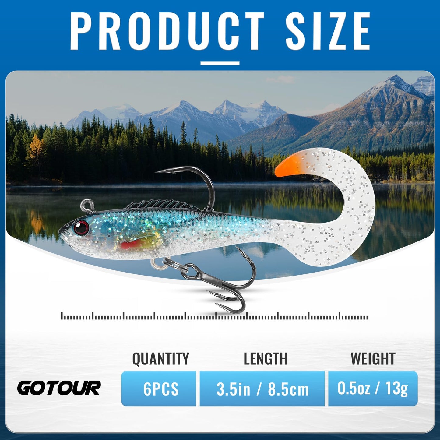 Gotour Weedless Soft Fishing Lures for Freshwater and Saltwater, Premium Pre-Rigged Jig Head Paddle Tail Swimbaits for Bass Fishing，Jigs Fishing Bait for Crappie Trout Walleye, Amazing Fishing Gifts