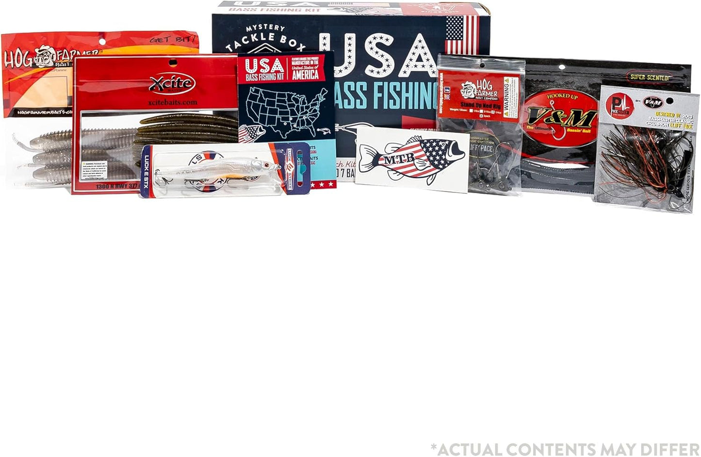 Mystery Tackle Box USA Bass Fishing Kit – 5-7 Baits for Largemouth & Smallmouth Bass – Includes Exclusive USA Decal