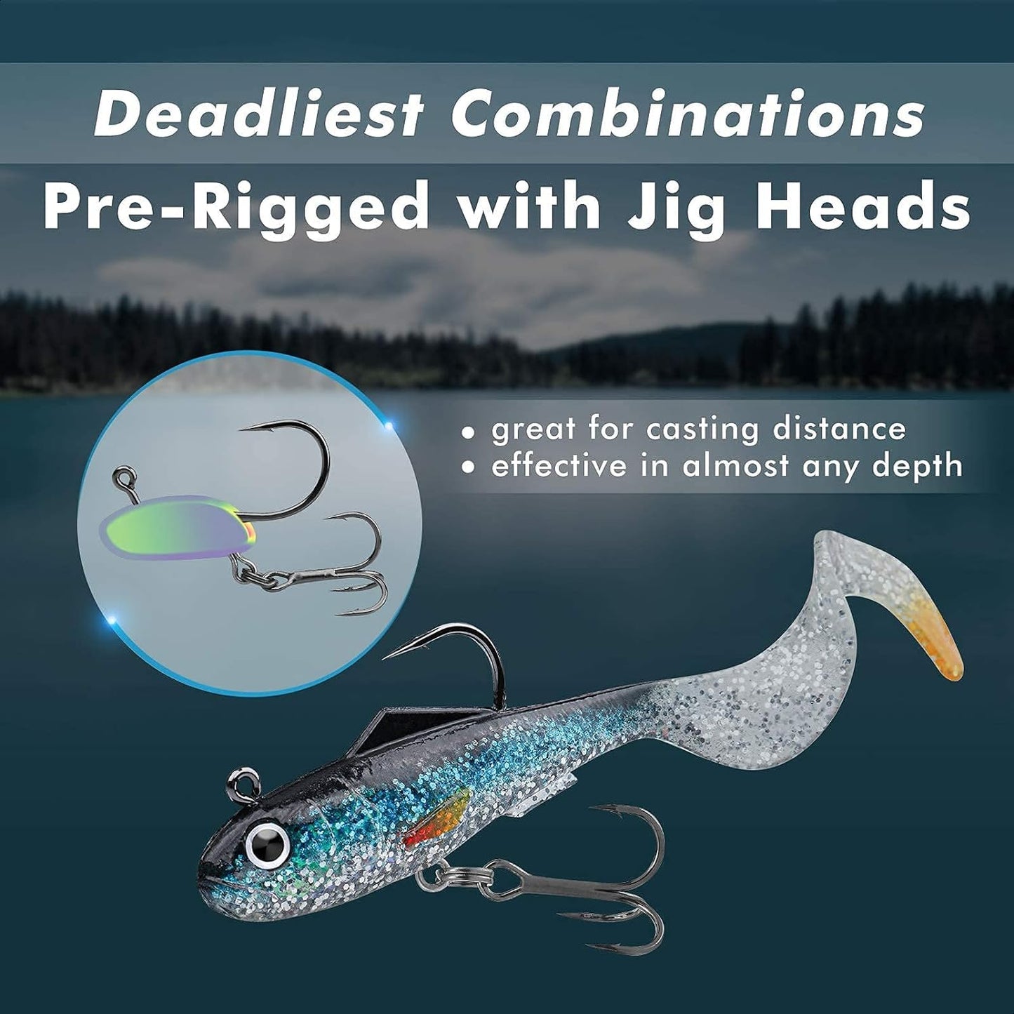 Gotour Weedless Soft Fishing Lures for Freshwater and Saltwater, Premium Pre-Rigged Jig Head Paddle Tail Swimbaits for Bass Fishing，Jigs Fishing Bait for Crappie Trout Walleye, Amazing Fishing Gifts