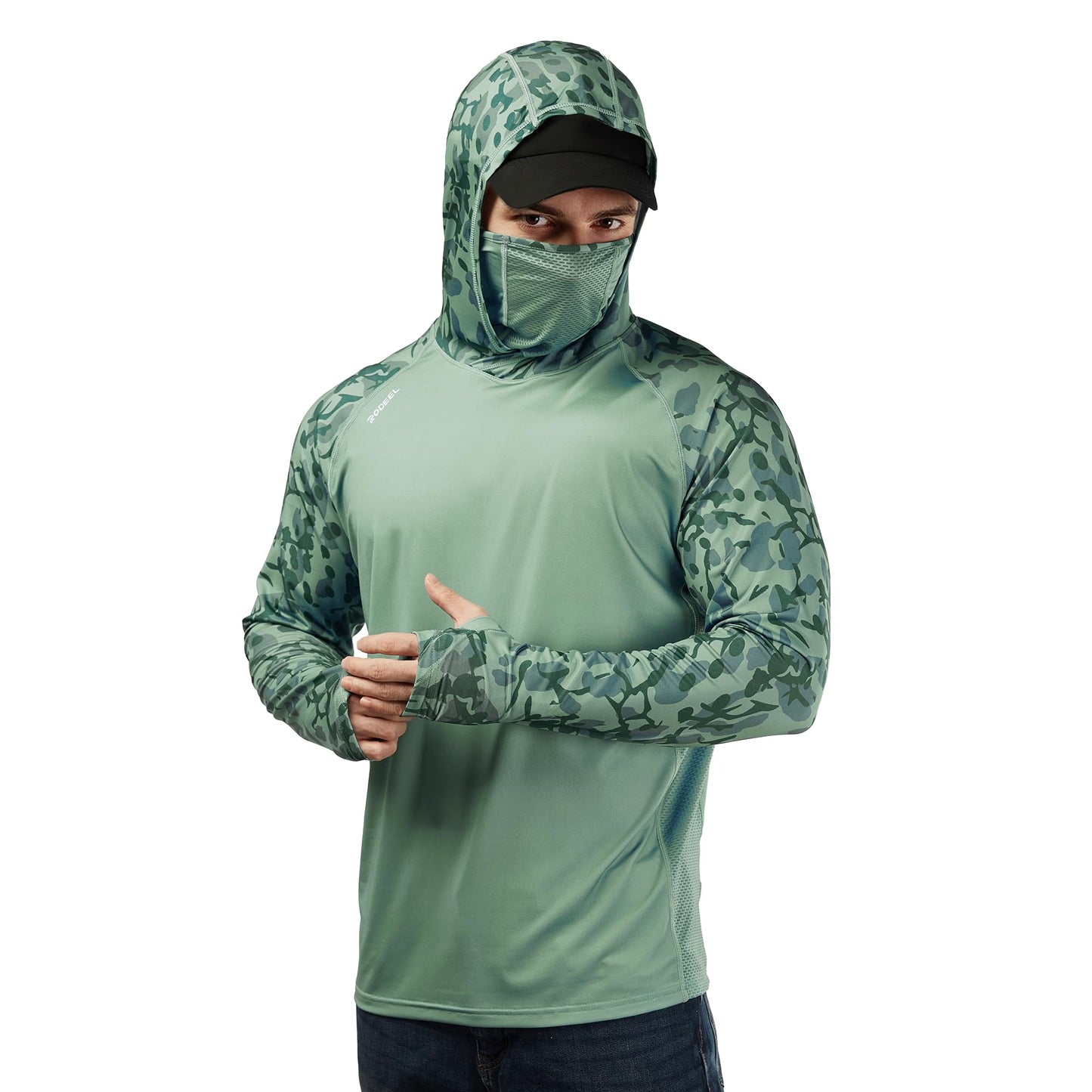 Rodeel UPF 50+ Men’s Long Sleeve Performance Fishing Hiking Shirt with Mask UV Neck Gaiter Hoodie
