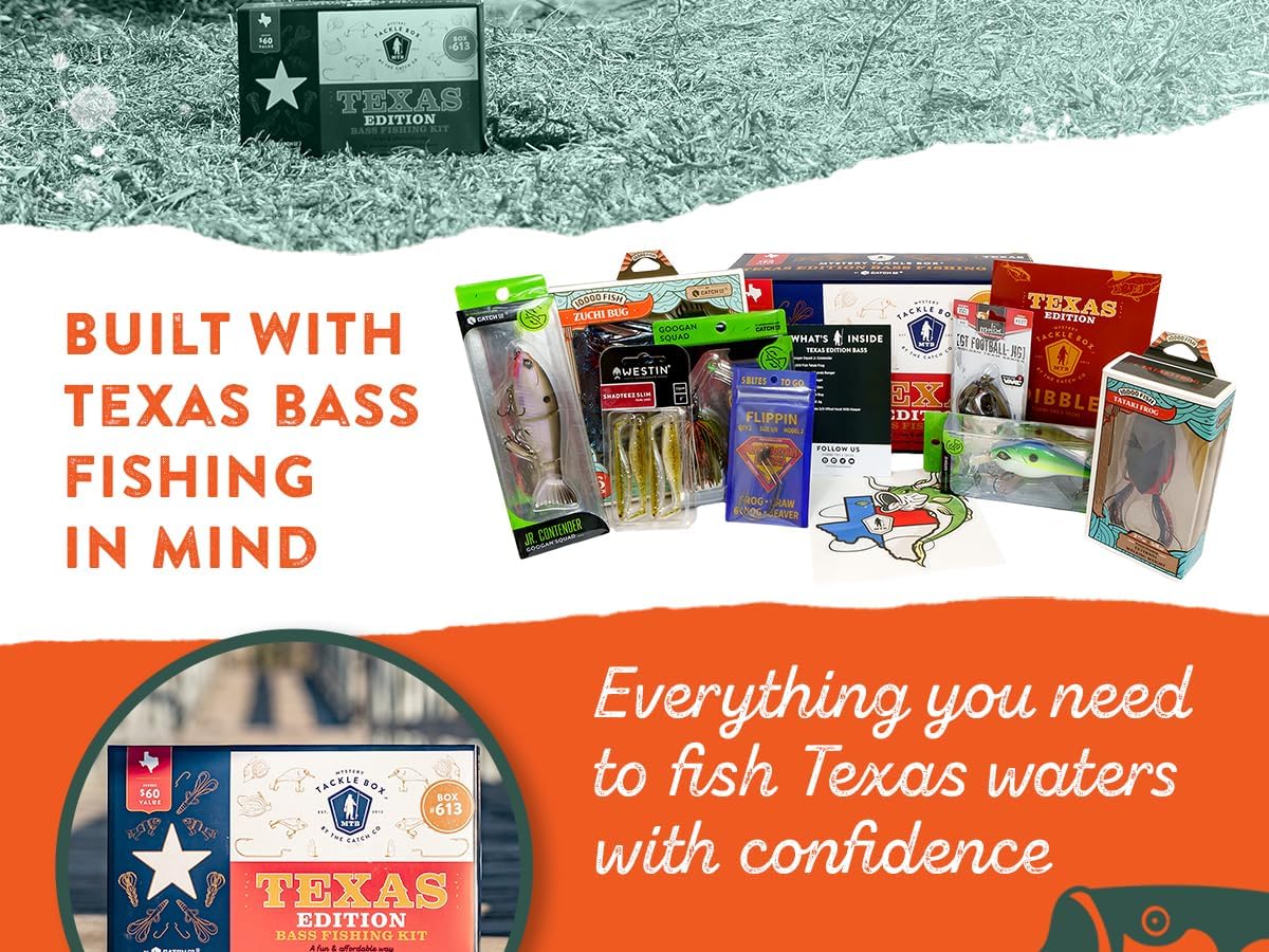 Mystery Tackle Box Texas Bass Elite Fishing Kit – 7-9 Freshwater Baits for Largemouth, Smallmouth & More – Includes Exclusive Texas Decal