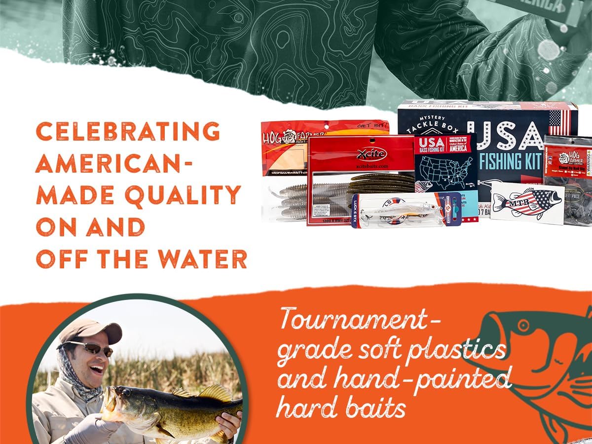 Mystery Tackle Box USA Bass Fishing Kit – 5-7 Baits for Largemouth & Smallmouth Bass – Includes Exclusive USA Decal