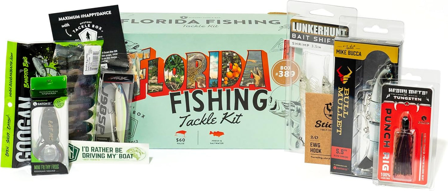 Mystery Tackle Box Florida Elite Fishing Kit – 7-9 Freshwater & Inshore Saltwater Baits for Bass, Snook, Redfish & More – Includes Exclusive Florida Decal