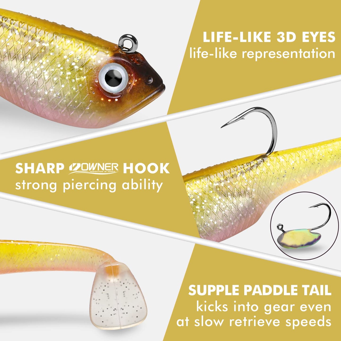 Gotour Weedless Soft Fishing Lures for Freshwater and Saltwater, Premium Pre-Rigged Jig Head Paddle Tail Swimbaits for Bass Fishing，Jigs Fishing Bait for Crappie Trout Walleye, Amazing Fishing Gifts