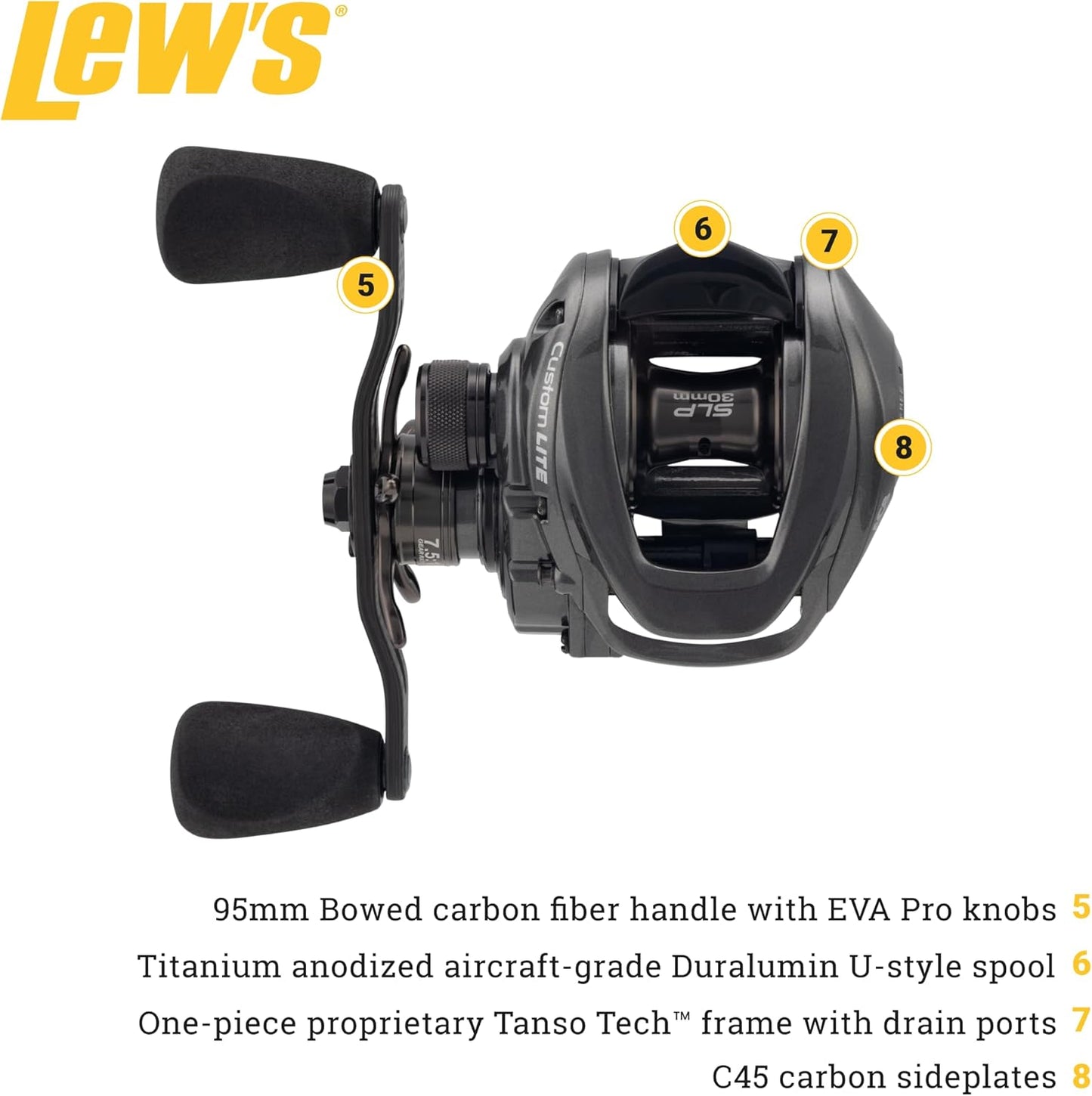 Lew’s Custom Lite SS Baitcast Fishing Reel, 10+1 Double Shielded Bearings, 7.5:1 Gear Ratio, Super Shallow 30 mm Spool, Tanso Tech Frame, Carbon Fiber Drag, Carbon Gray