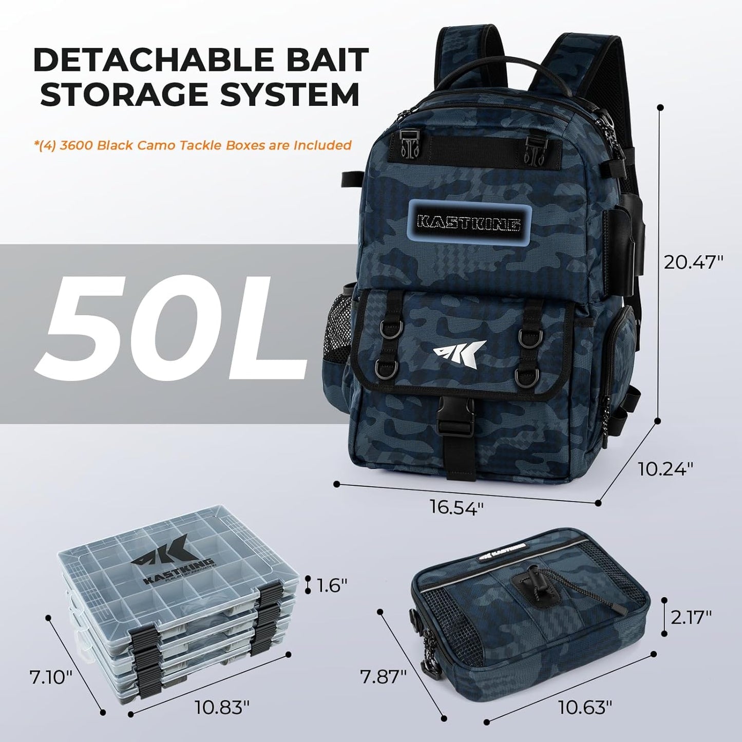 KastKing BaitSpace 50L Fishing Tackle Backpack with Removable Bait Binder,2 Rod Holders Storage Fishing Gear and Equipment
