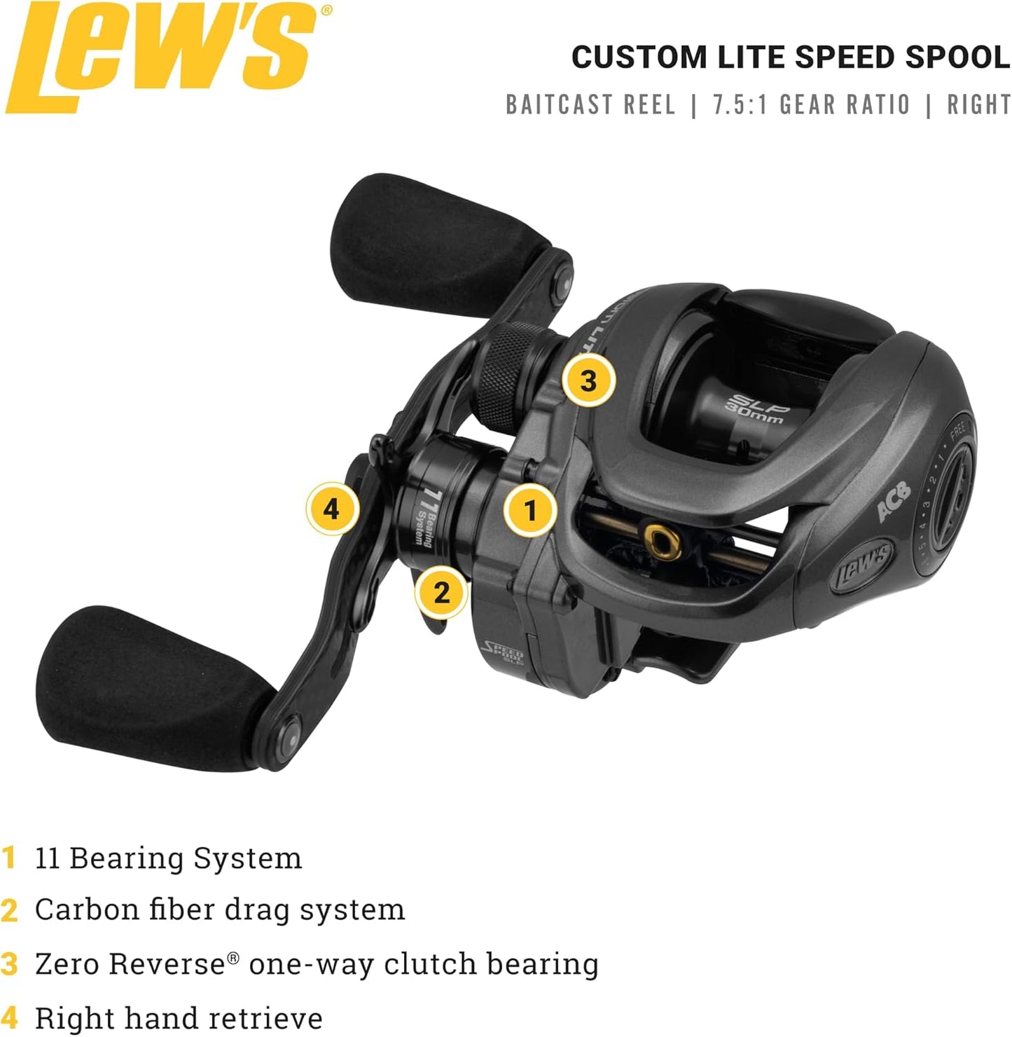 Lew’s Custom Lite SS Baitcast Fishing Reel, 10+1 Double Shielded Bearings, 7.5:1 Gear Ratio, Super Shallow 30 mm Spool, Tanso Tech Frame, Carbon Fiber Drag, Carbon Gray
