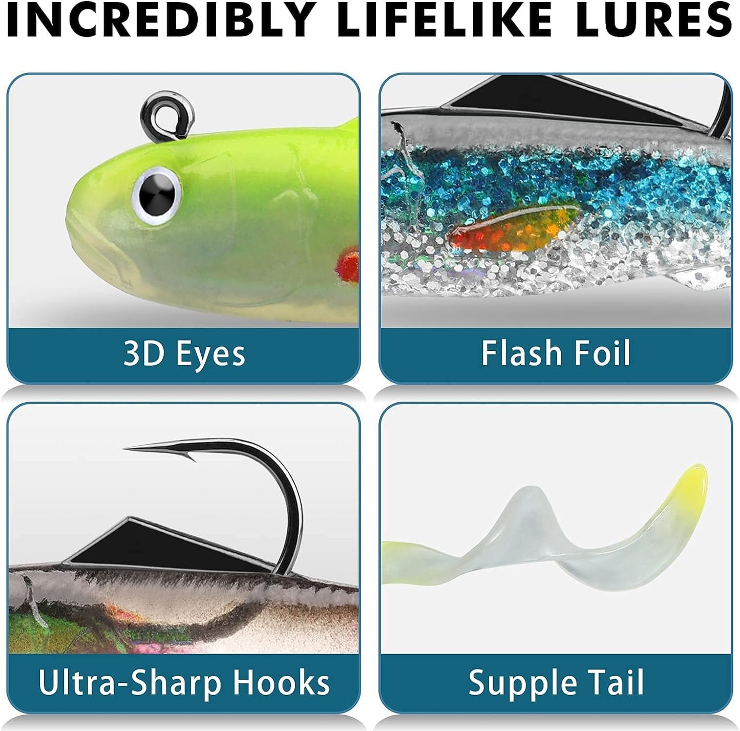 Gotour Weedless Soft Fishing Lures for Freshwater and Saltwater, Premium Pre-Rigged Jig Head Paddle Tail Swimbaits for Bass Fishing，Jigs Fishing Bait for Crappie Trout Walleye, Amazing Fishing Gifts