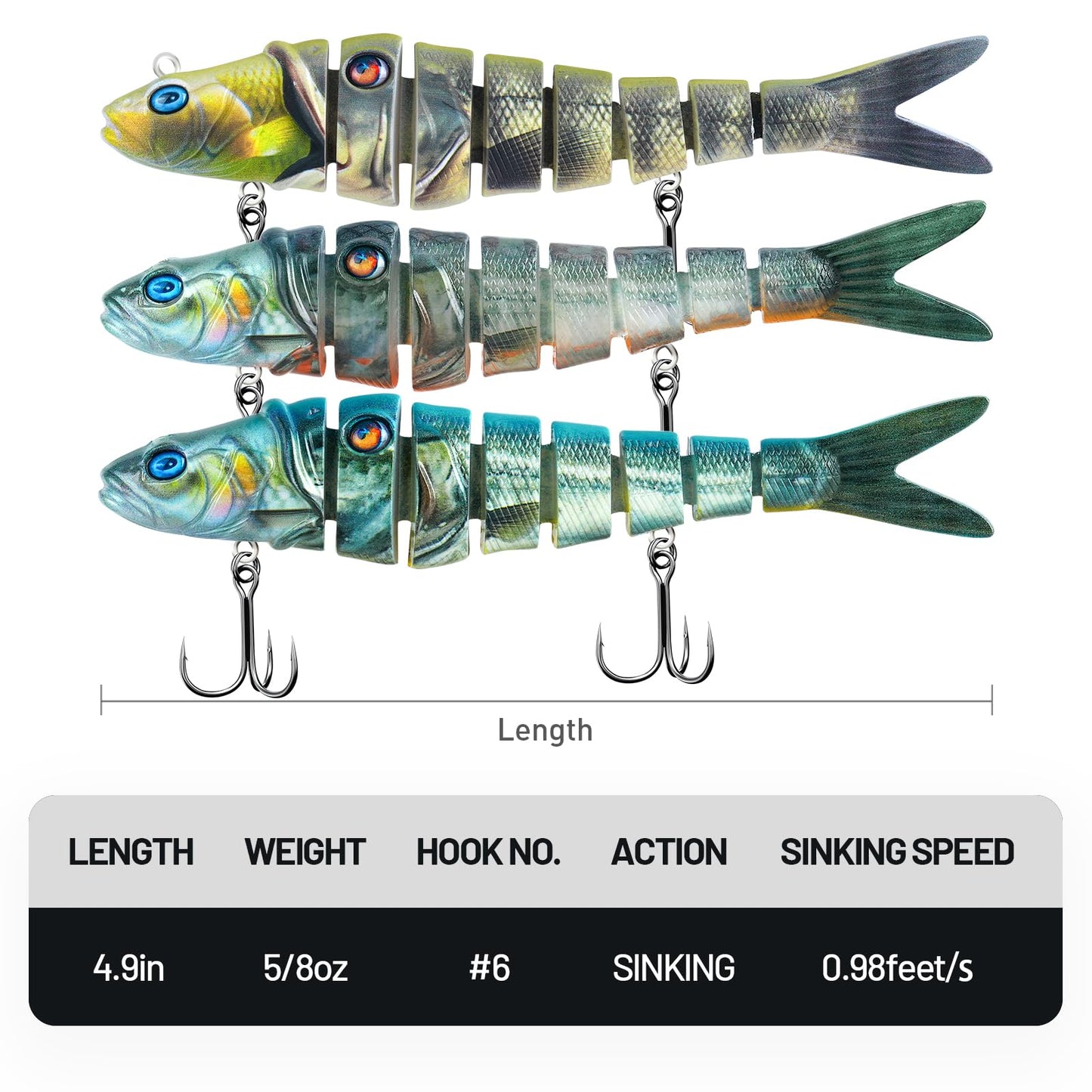 Handing Swimbaits for Bass Pike Walleye, 3 Pieces Lifelike Multi-Jointed Fishing Lures with Mustad Hooks, Fishing Bait for Freshwater and Saltwater