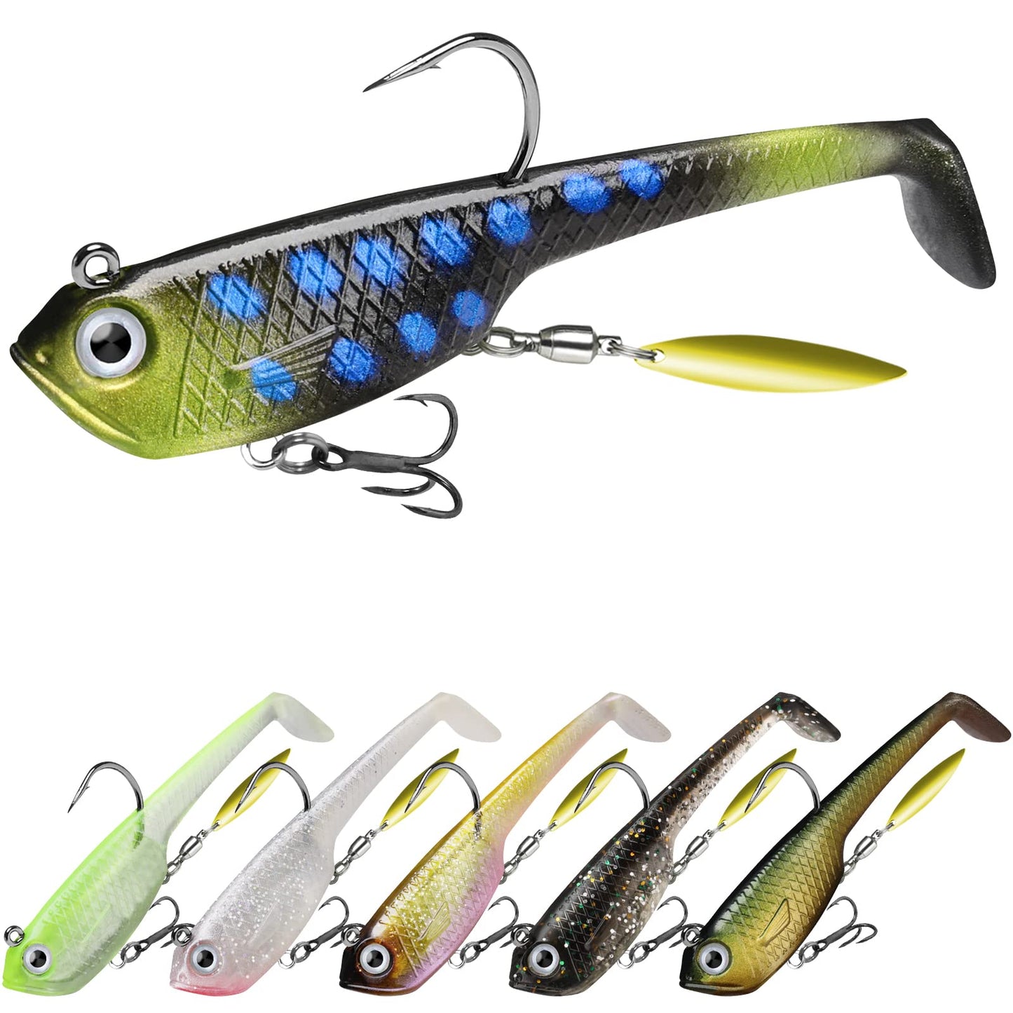 Gotour Weedless Soft Fishing Lures for Freshwater and Saltwater, Premium Pre-Rigged Jig Head Paddle Tail Swimbaits for Bass Fishing，Jigs Fishing Bait for Crappie Trout Walleye, Amazing Fishing Gifts