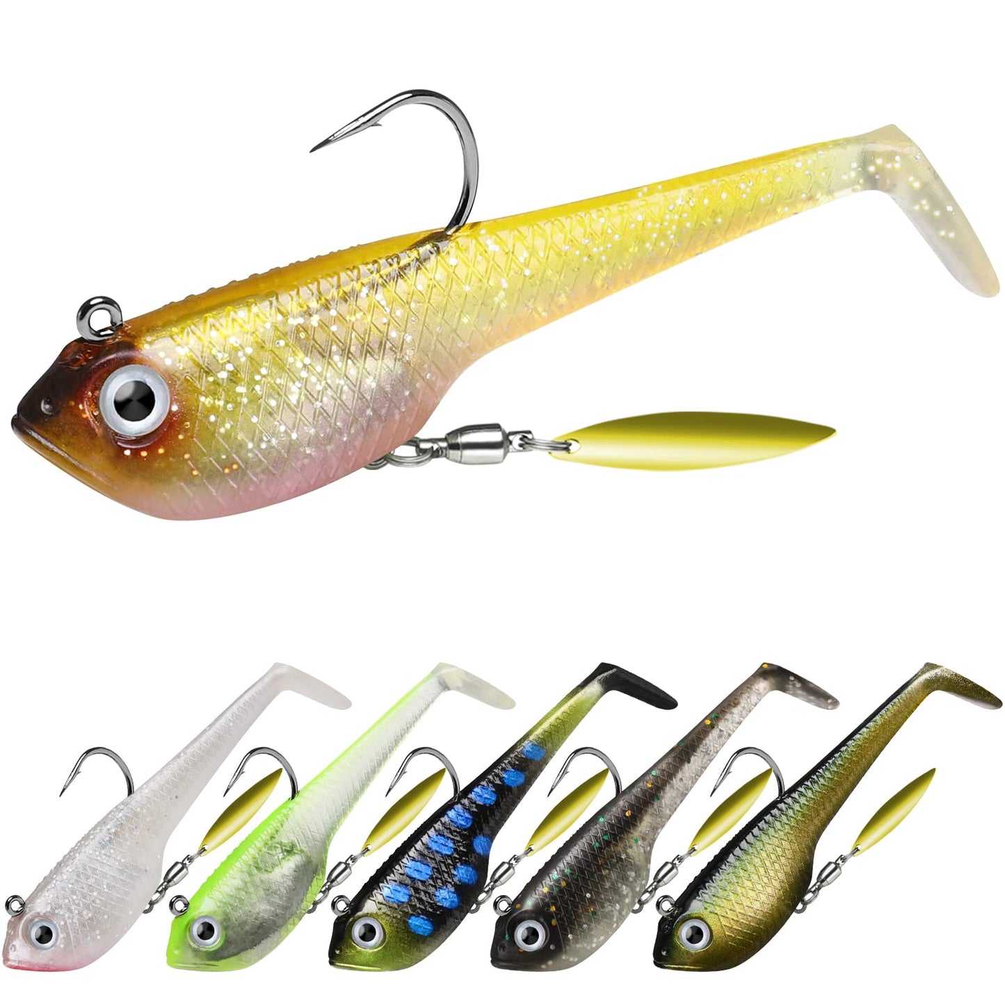Gotour Weedless Soft Fishing Lures for Freshwater and Saltwater, Premium Pre-Rigged Jig Head Paddle Tail Swimbaits for Bass Fishing，Jigs Fishing Bait for Crappie Trout Walleye, Amazing Fishing Gifts
