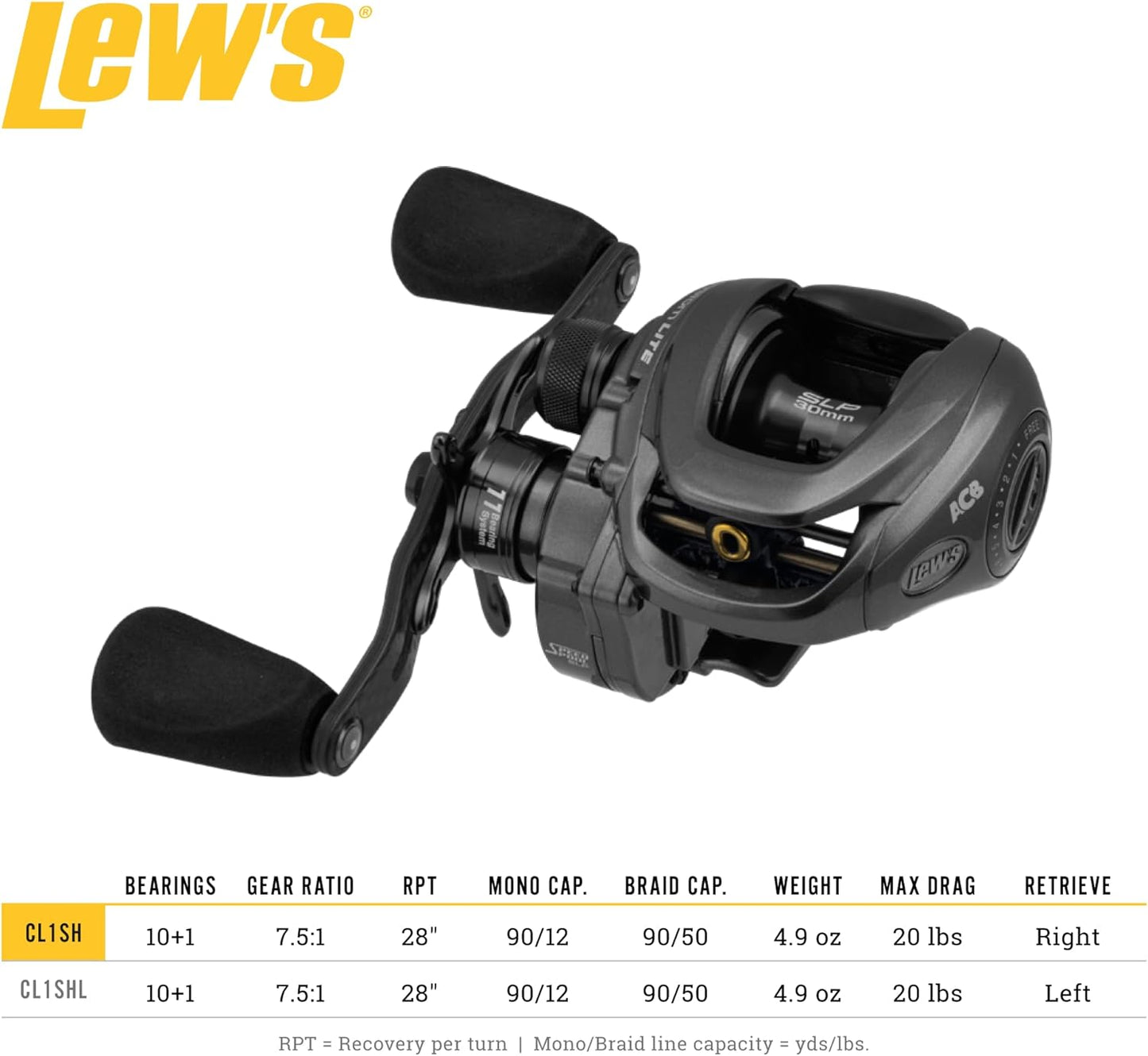 Lew’s Custom Lite SS Baitcast Fishing Reel, 10+1 Double Shielded Bearings, 7.5:1 Gear Ratio, Super Shallow 30 mm Spool, Tanso Tech Frame, Carbon Fiber Drag, Carbon Gray