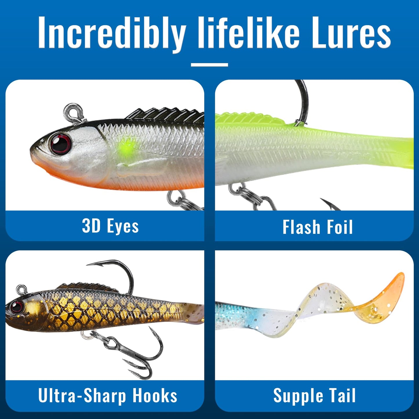 Gotour Weedless Soft Fishing Lures for Freshwater and Saltwater, Premium Pre-Rigged Jig Head Paddle Tail Swimbaits for Bass Fishing，Jigs Fishing Bait for Crappie Trout Walleye, Amazing Fishing Gifts