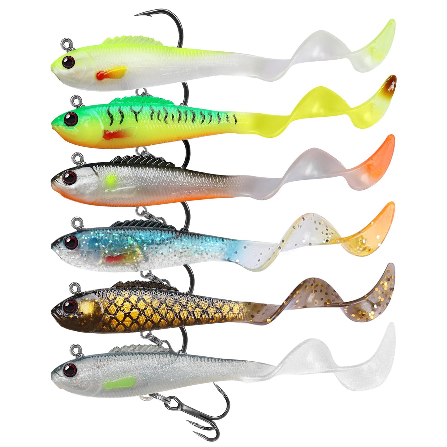 Gotour Weedless Soft Fishing Lures for Freshwater and Saltwater, Premium Pre-Rigged Jig Head Paddle Tail Swimbaits for Bass Fishing，Jigs Fishing Bait for Crappie Trout Walleye, Amazing Fishing Gifts