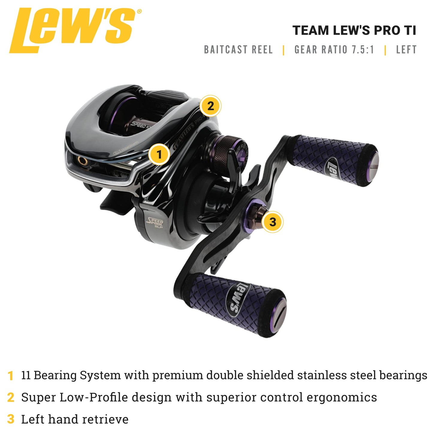 Lew's Team Lew's Pro-Ti Baitcast Fishing Reel, 7.5:1 Gear Ratio, Aluminum Frame, Premium 11 Stainless Steel Ball Bearings, Titanium Gray /Purple