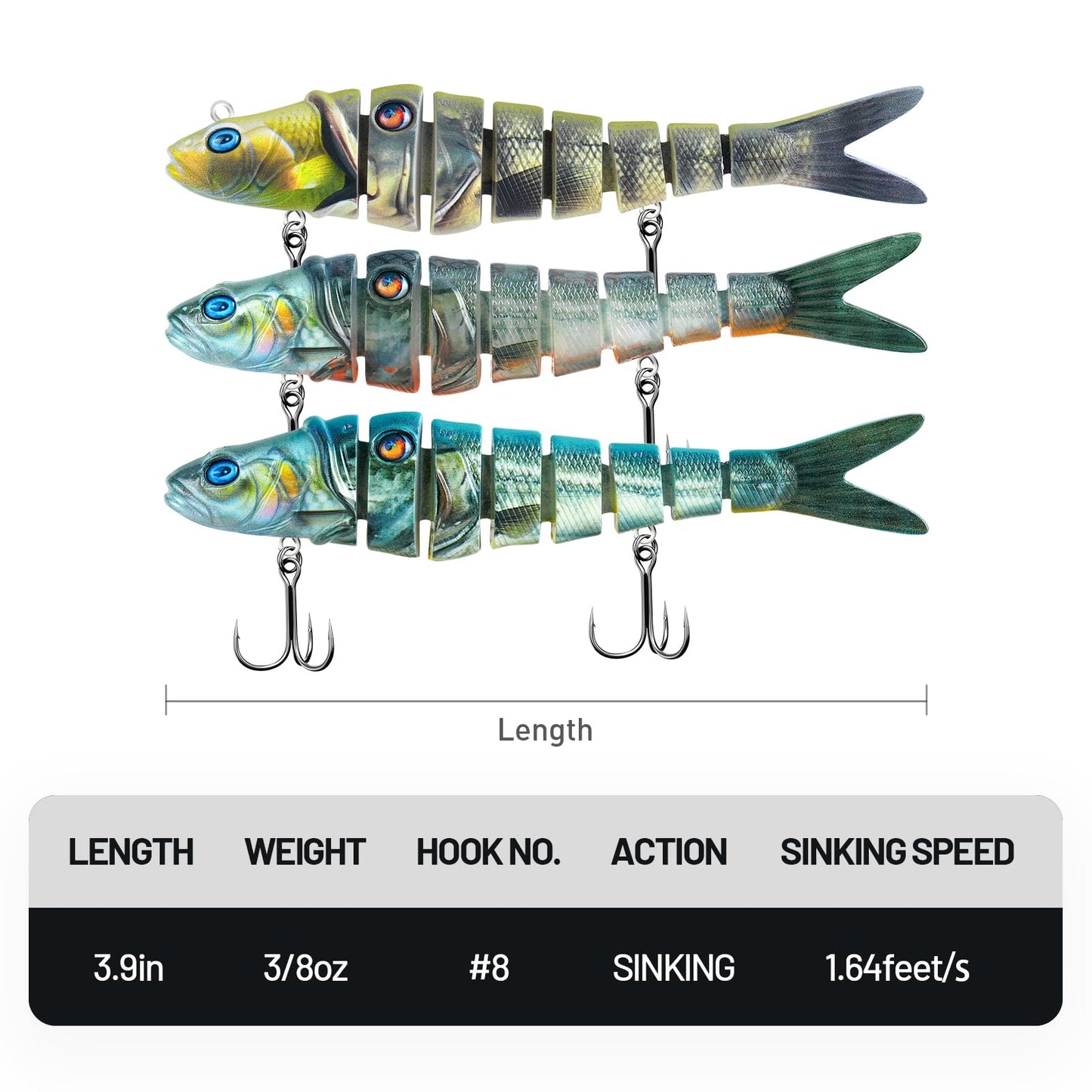 Handing Swimbaits for Bass Pike Walleye, 3 Pieces Lifelike Multi-Jointed Fishing Lures with Mustad Hooks, Fishing Bait for Freshwater and Saltwater
