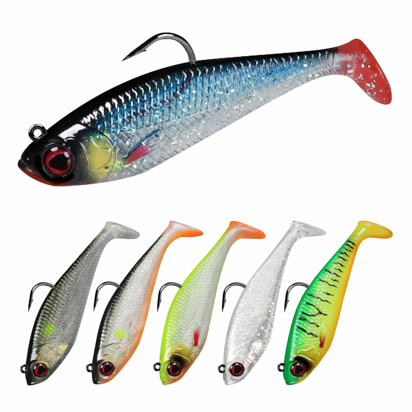 Gotour Weedless Soft Fishing Lures for Freshwater and Saltwater, Premium Pre-Rigged Jig Head Paddle Tail Swimbaits for Bass Fishing，Jigs Fishing Bait for Crappie Trout Walleye, Amazing Fishing Gifts