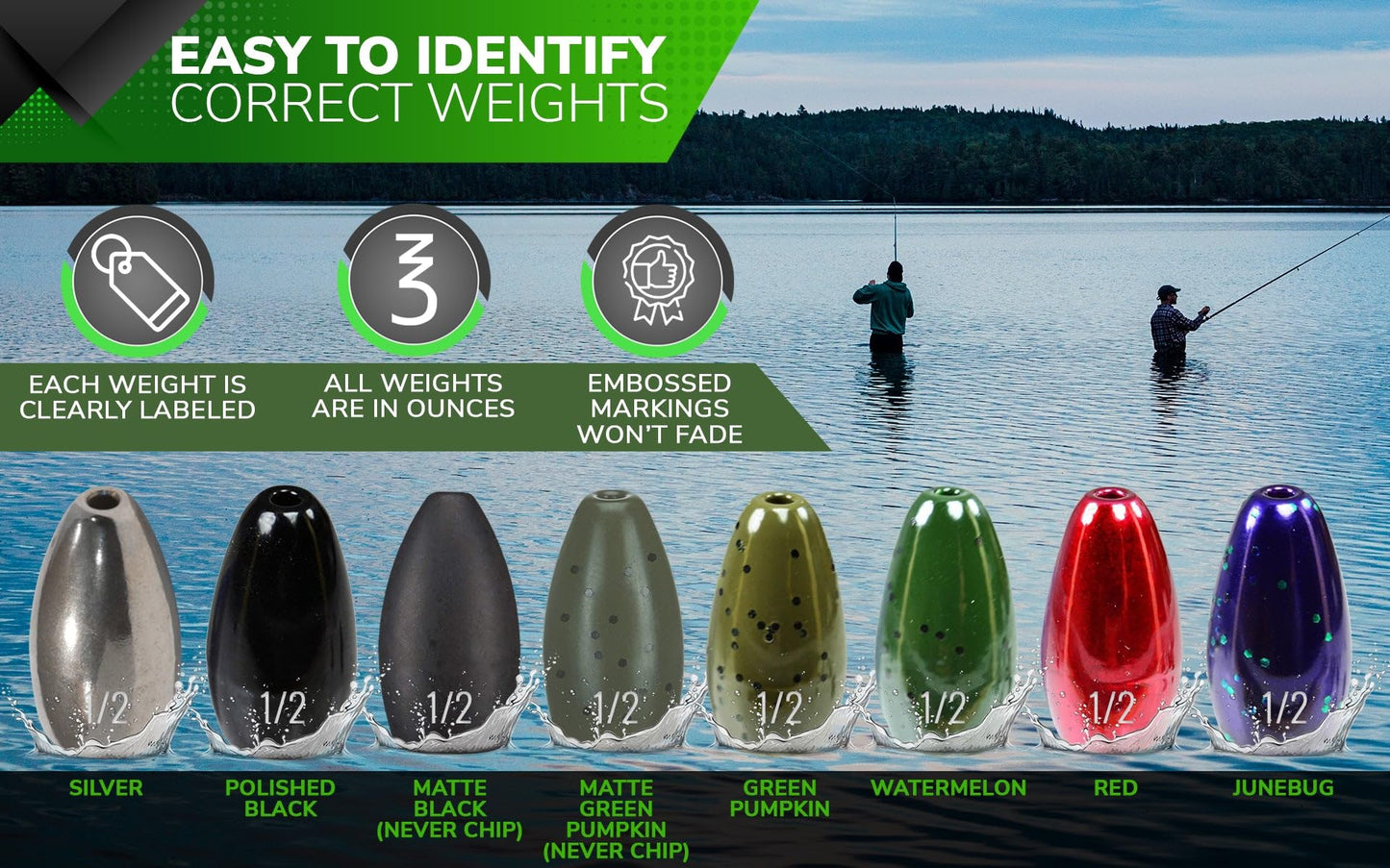 Reaction Tackle Tungsten Flipping Weights for Bass Fishing - Sinkers for Punching Through Heavy Cover- Fresh and Saltwater - Used for Texas and Carolina Rigs - Size Stamped on All Weights