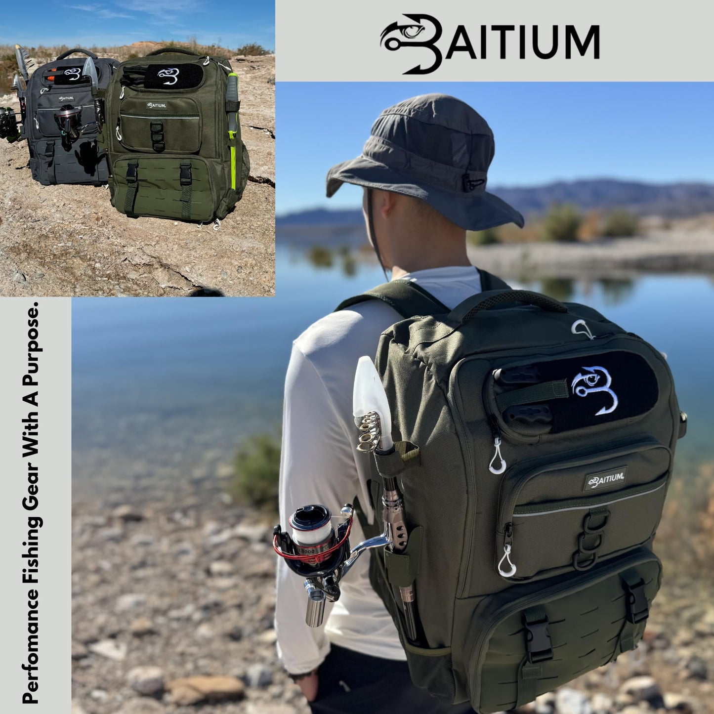 Baitium Fishing Backpack, Tackle Bag With Rod Holders, 40L Capacity With Cooler, Rain Cover, Insulated Pocket, 4 Tackle Trays Included- (Green)