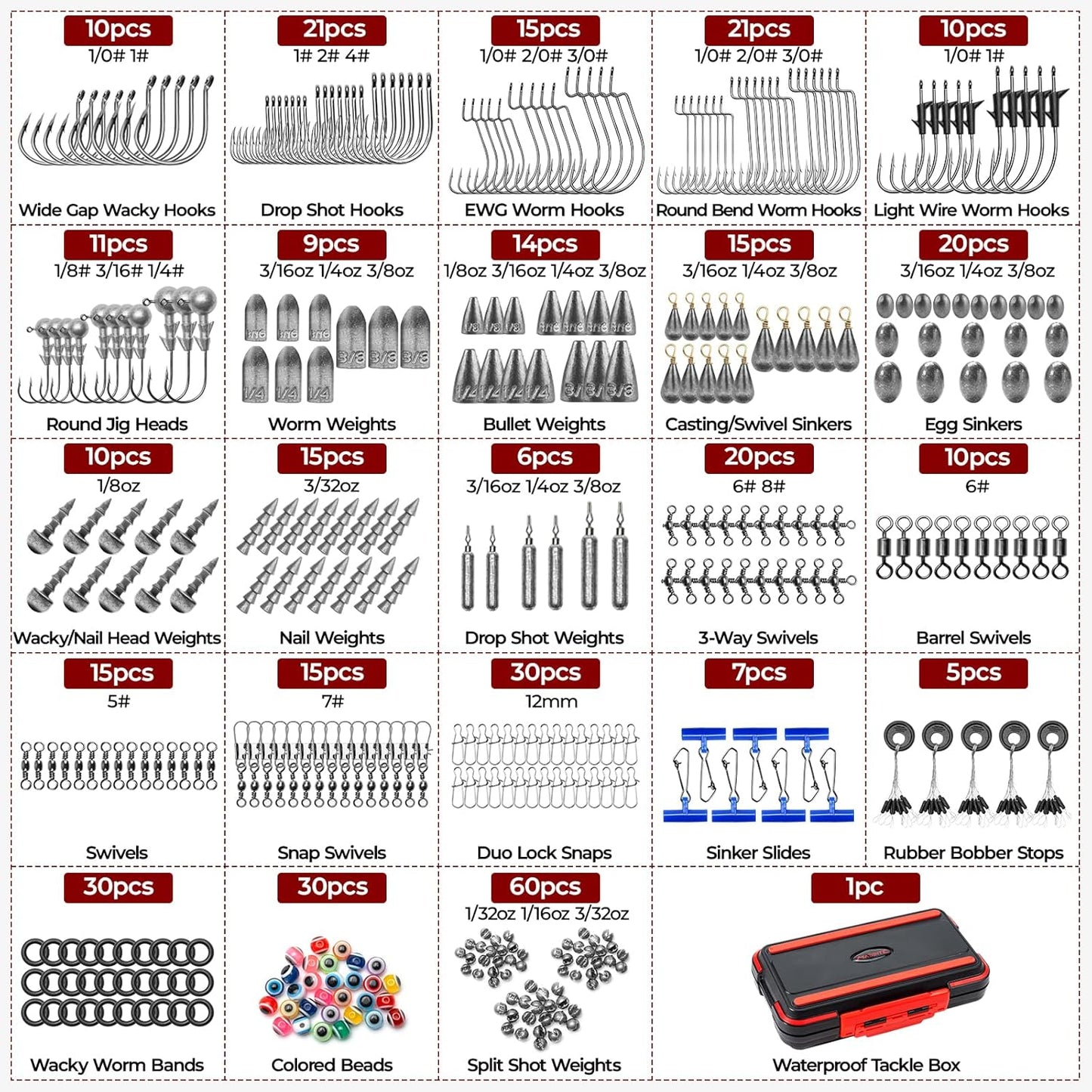 MadBite by KastKing 182/265/400pcs Compact Fishing Tackle Kit - All-in-One Freshwater Hooks, Weights, Bobbers in Tackle Box, Fishing Gear Set for Bass Trout Panfish