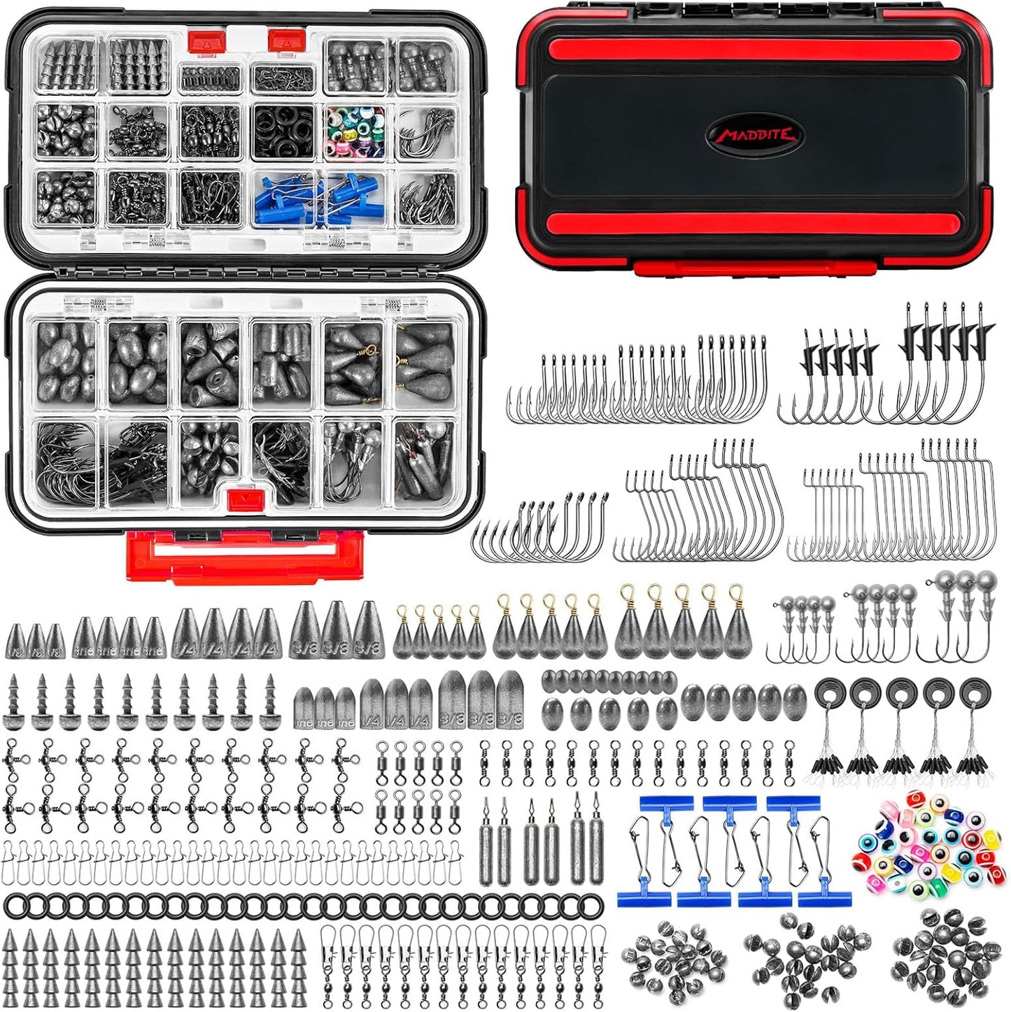 MadBite by KastKing 182/265/400pcs Compact Fishing Tackle Kit - All-in-One Freshwater Hooks, Weights, Bobbers in Tackle Box, Fishing Gear Set for Bass Trout Panfish